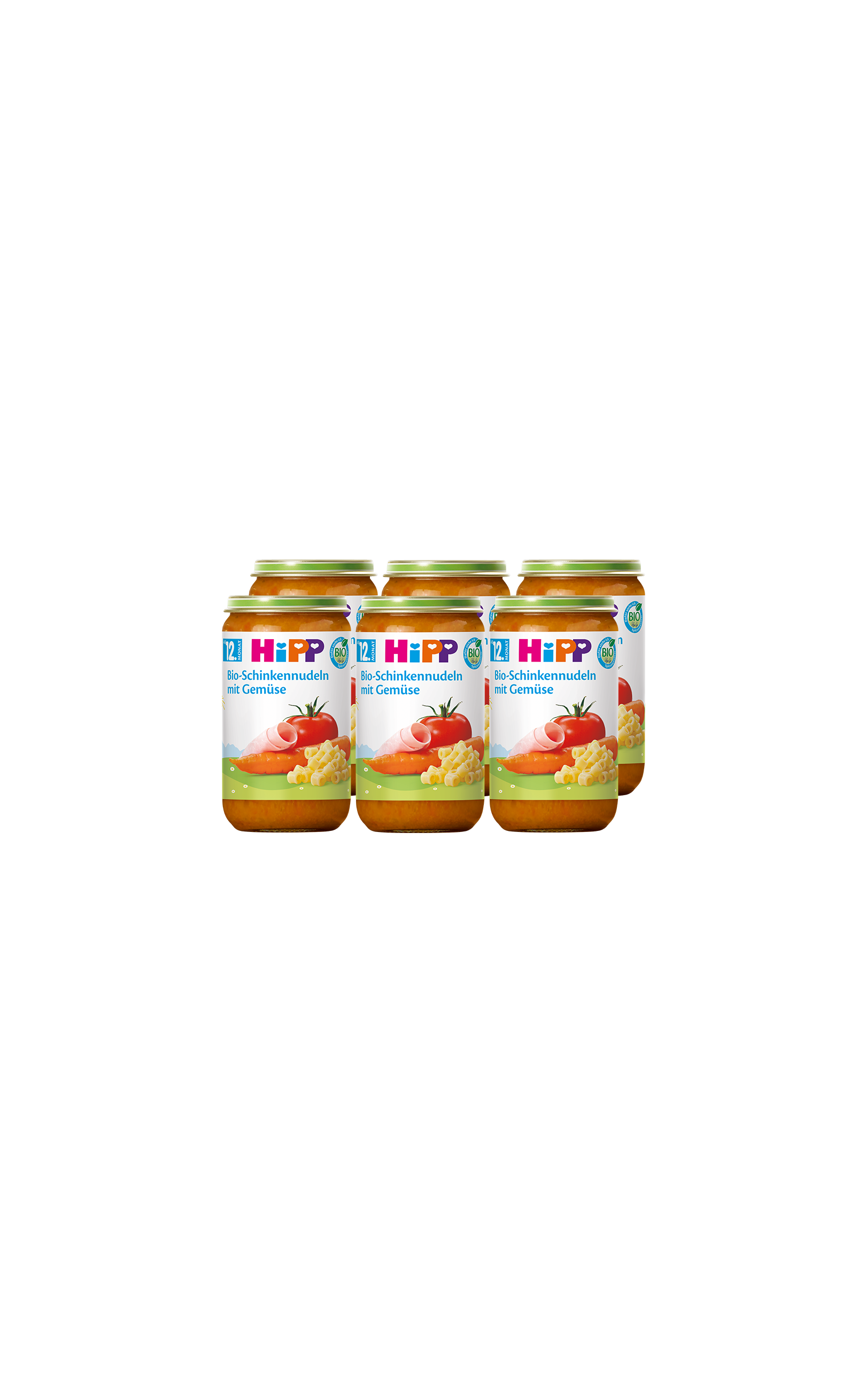 Sechserpack HiPP Bio-Schinkennudeln mit Gemüse im Glas, 6×250 g Babykost ab 12 Monaten