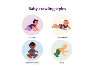 Illustration showing four baby crawling styles: classic, commando, bottom shuffle and bear, each in a separate coloured circle.