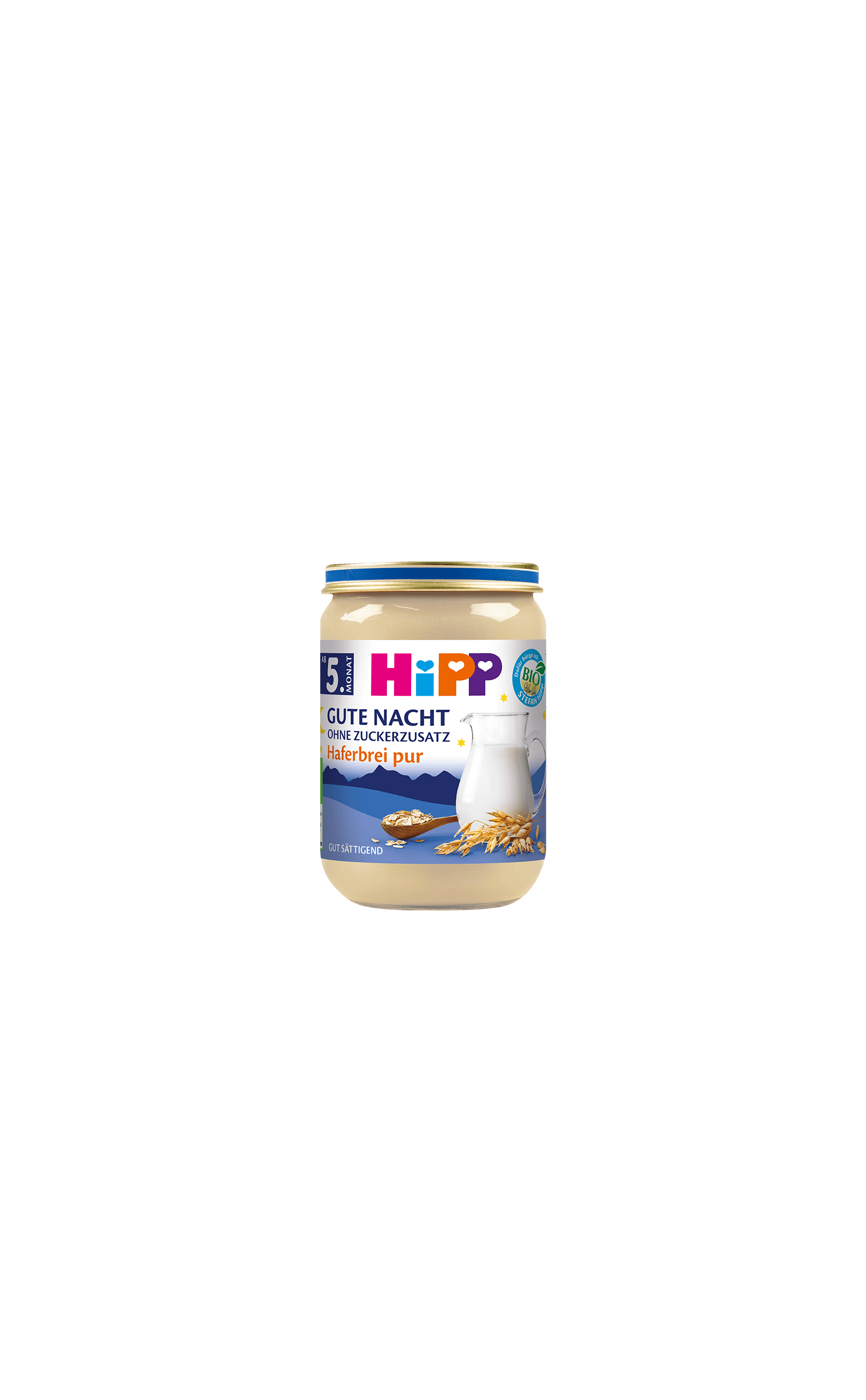 HiPP Gute Nacht Haferbrei pur Bio-Gläschen mit Milchkrug und Haferähren auf blauem Abendhimmel-Etikett