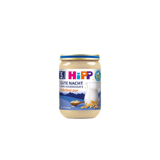 HiPP Gute Nacht Haferbrei pur Bio-Gläschen mit Milchkrug und Haferähren auf blauem Abendhimmel-Etikett
