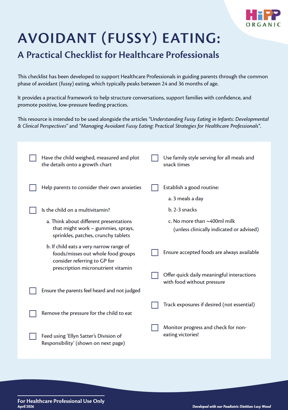 HiPP Organic HCP Avoidant (Fussy) Eating Checklist