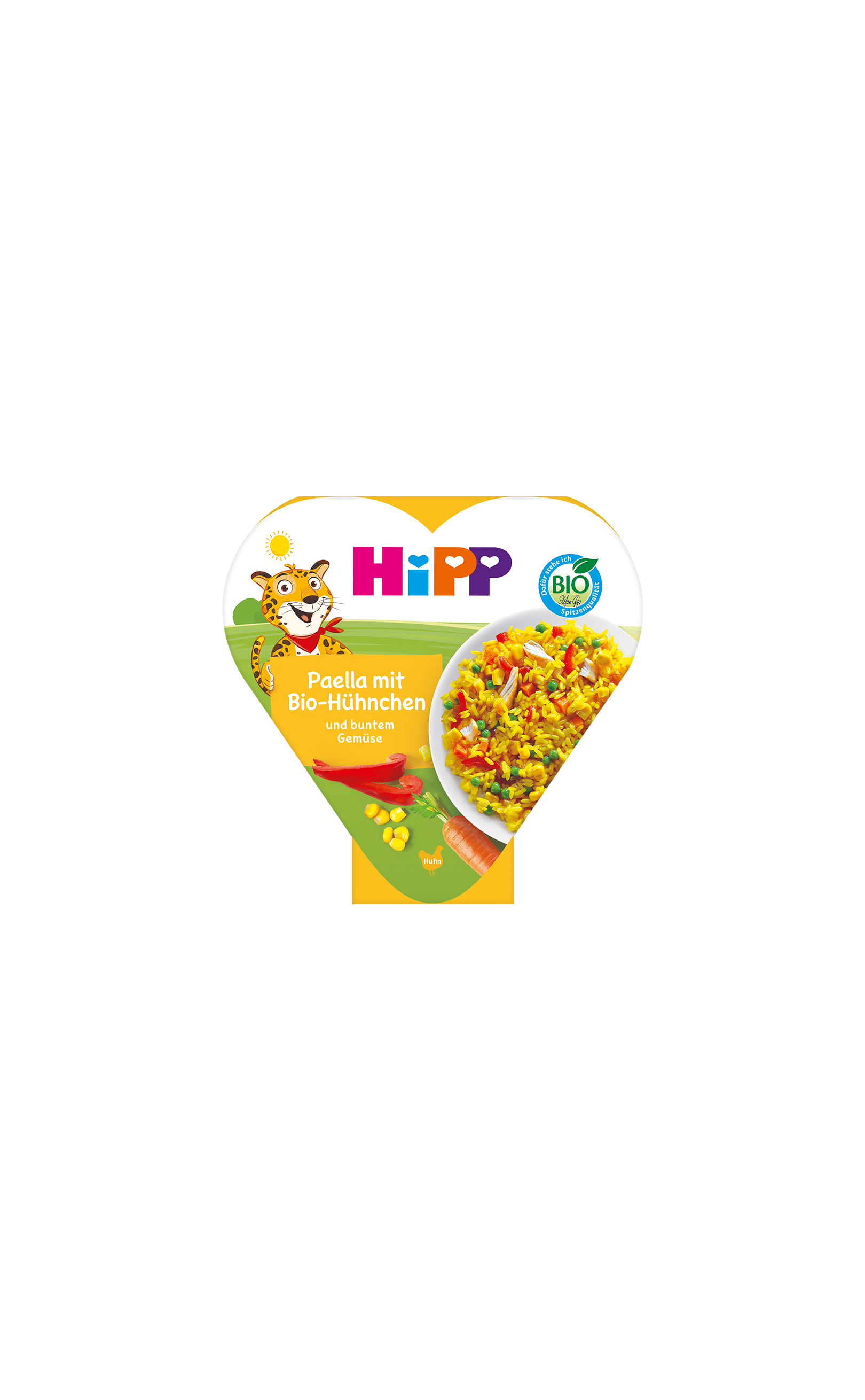 HiPP Paella mit Bio-Hühnchen und buntem Gemüse in Herzchen-Schale, Packung mit bunter Paella und Bio-Siegel auf der Vorderseite