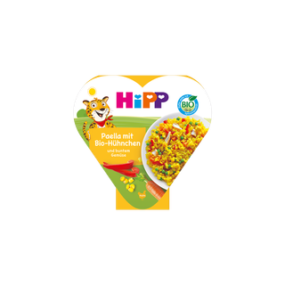 HiPP Paella mit Bio-Hühnchen und buntem Gemüse in Herzchen-Schale, Packung mit bunter Paella und Bio-Siegel auf der Vorderseite