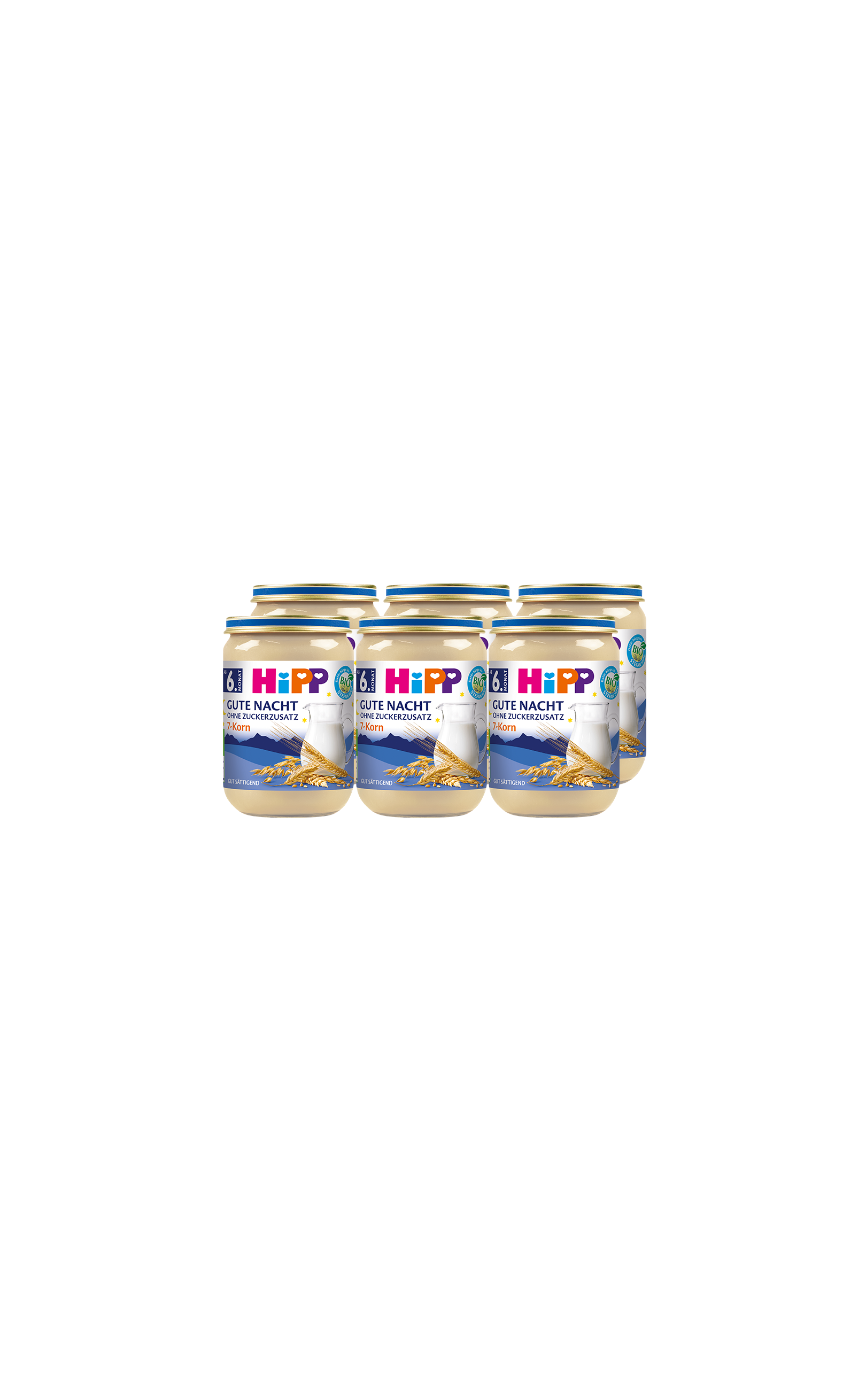 Sechserpack HiPP Gute Nacht 7-Korn Babygläschen à 190g, beruhigende Abendmahlzeit für Babys.