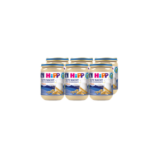 Sechserpack HiPP Gute Nacht 7-Korn Babygläschen à 190g, beruhigende Abendmahlzeit für Babys.