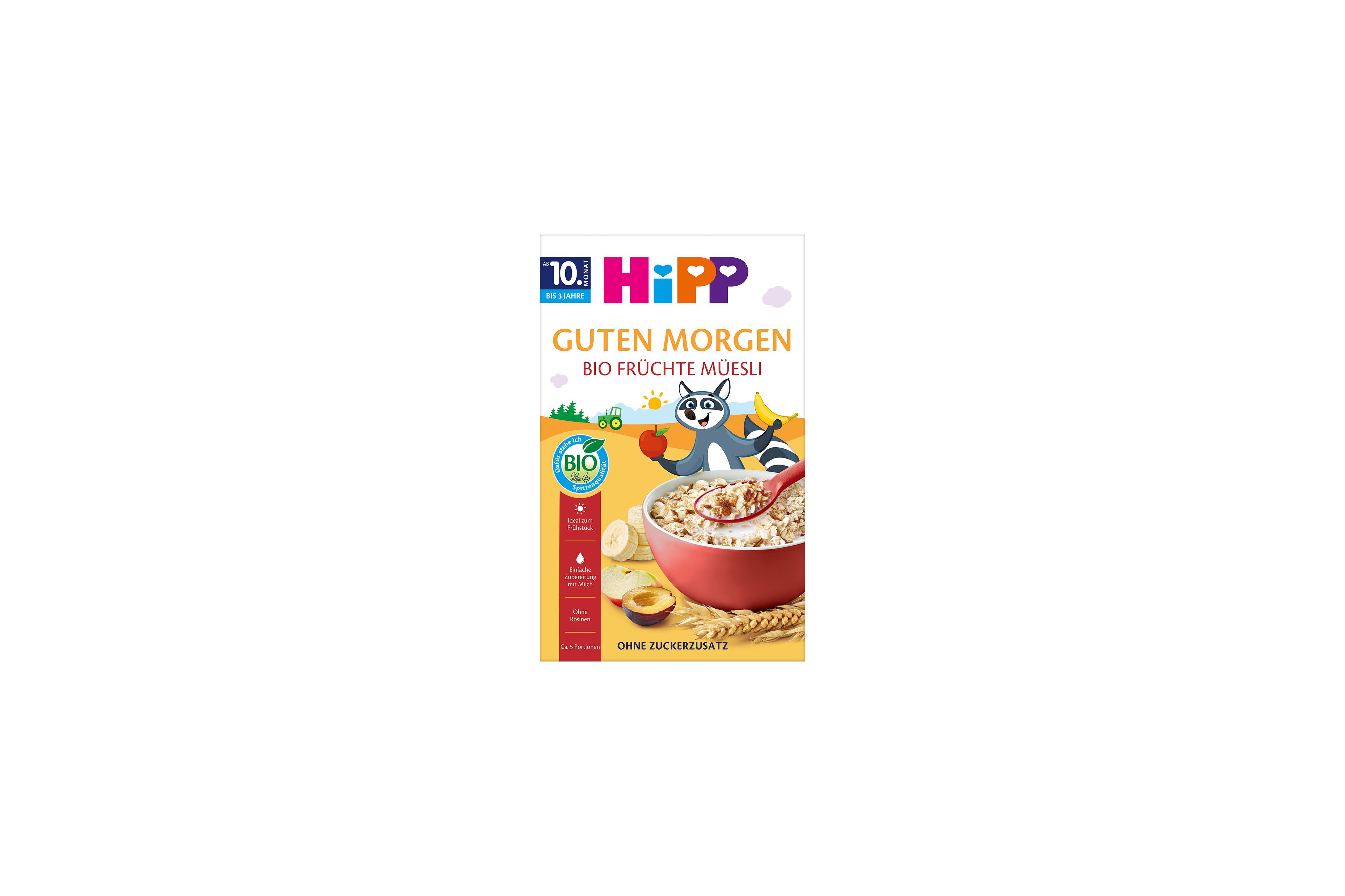 HiPP Guten Morgen Bio Früchte-Müesli Packung mit roter Müslischale, Obststücken und fröhlichem Waschbär-Maskottchen