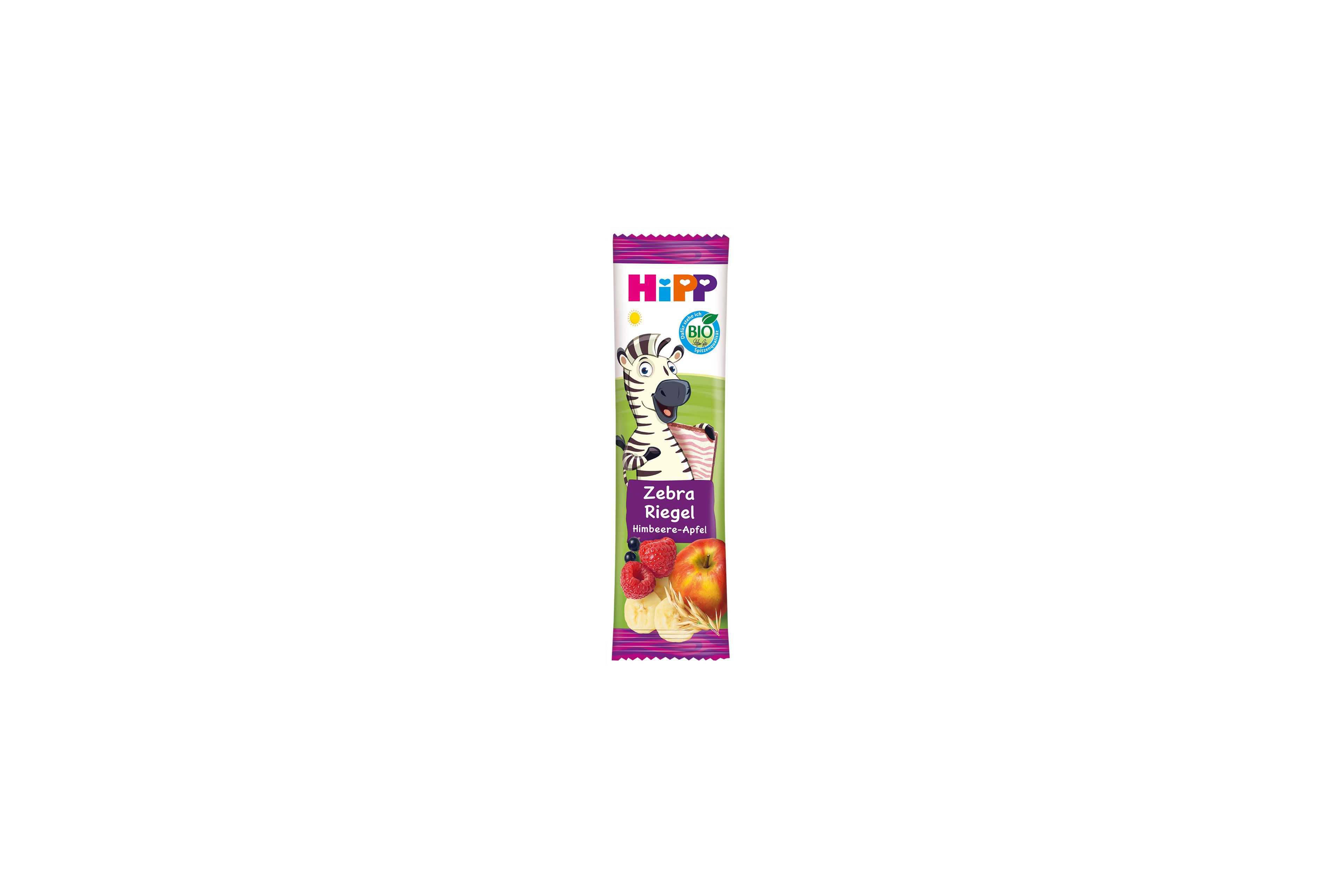 HiPP Zebra Früchte Riegel Himbeere in Banane-Apfel in bunter Kinderverpackung mit Zebra-Illustration und Bio-Siegel