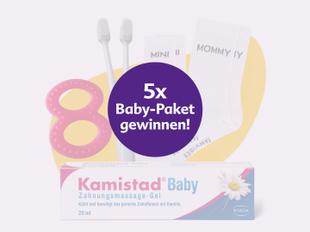 Gewinnspielmotiv mit Kamistad Baby Zahnungsgel, Beißring, Babystrümpfen und Text: 5x Baby-Paket gewinnen!