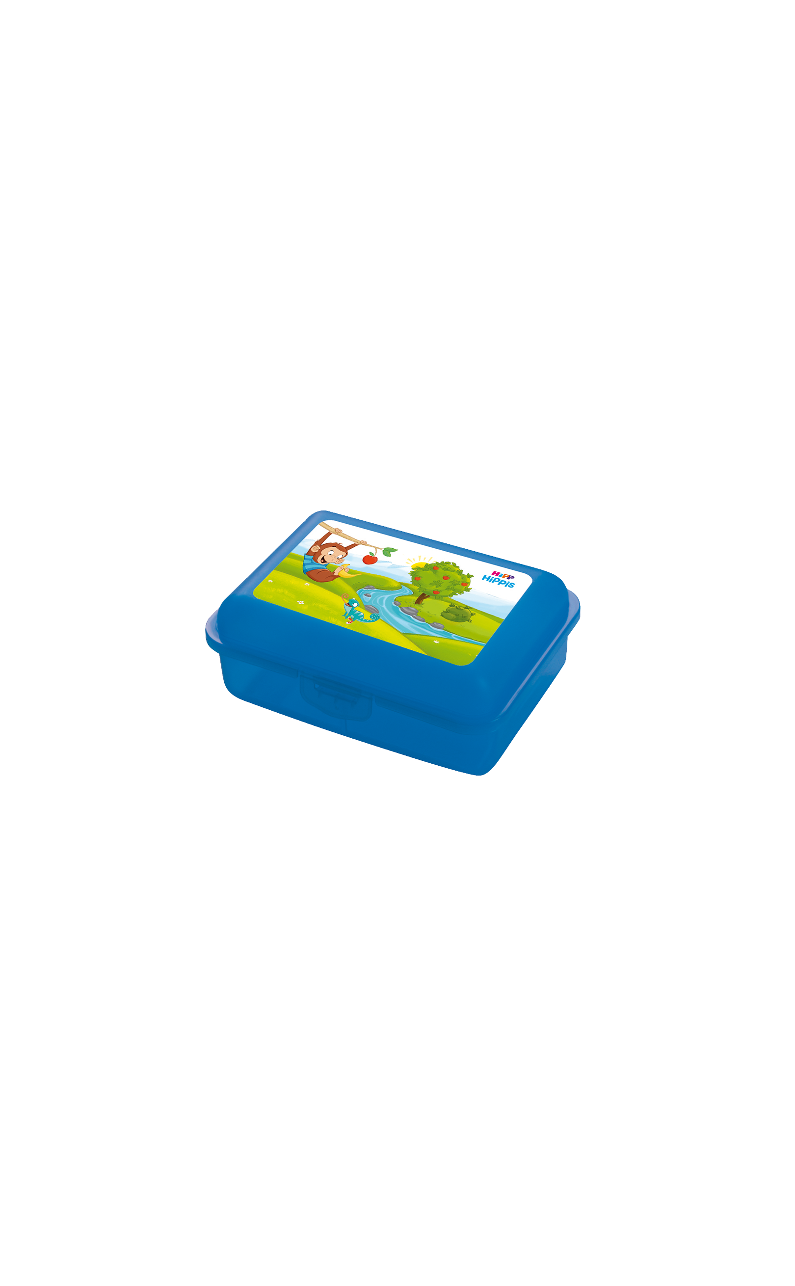 Blaue HiPPis Snackbox mit buntem Affen- und Naturmotiv auf dem Deckel