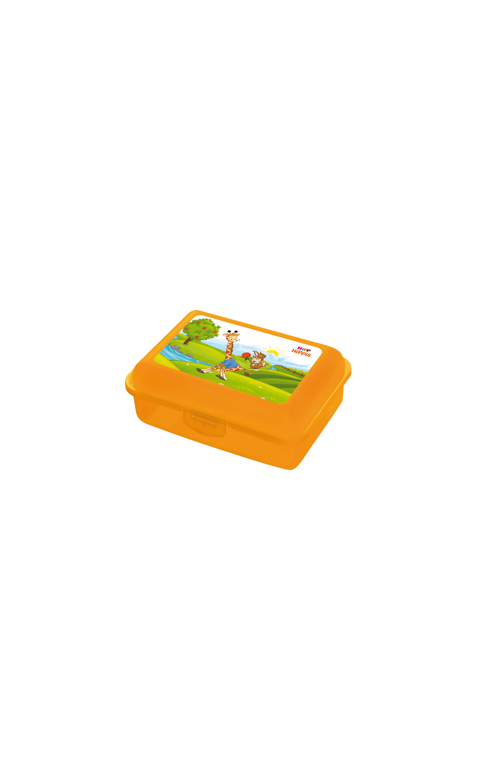 Orange HiPPis Snackbox mit buntem Tiermotiv auf dem Deckel