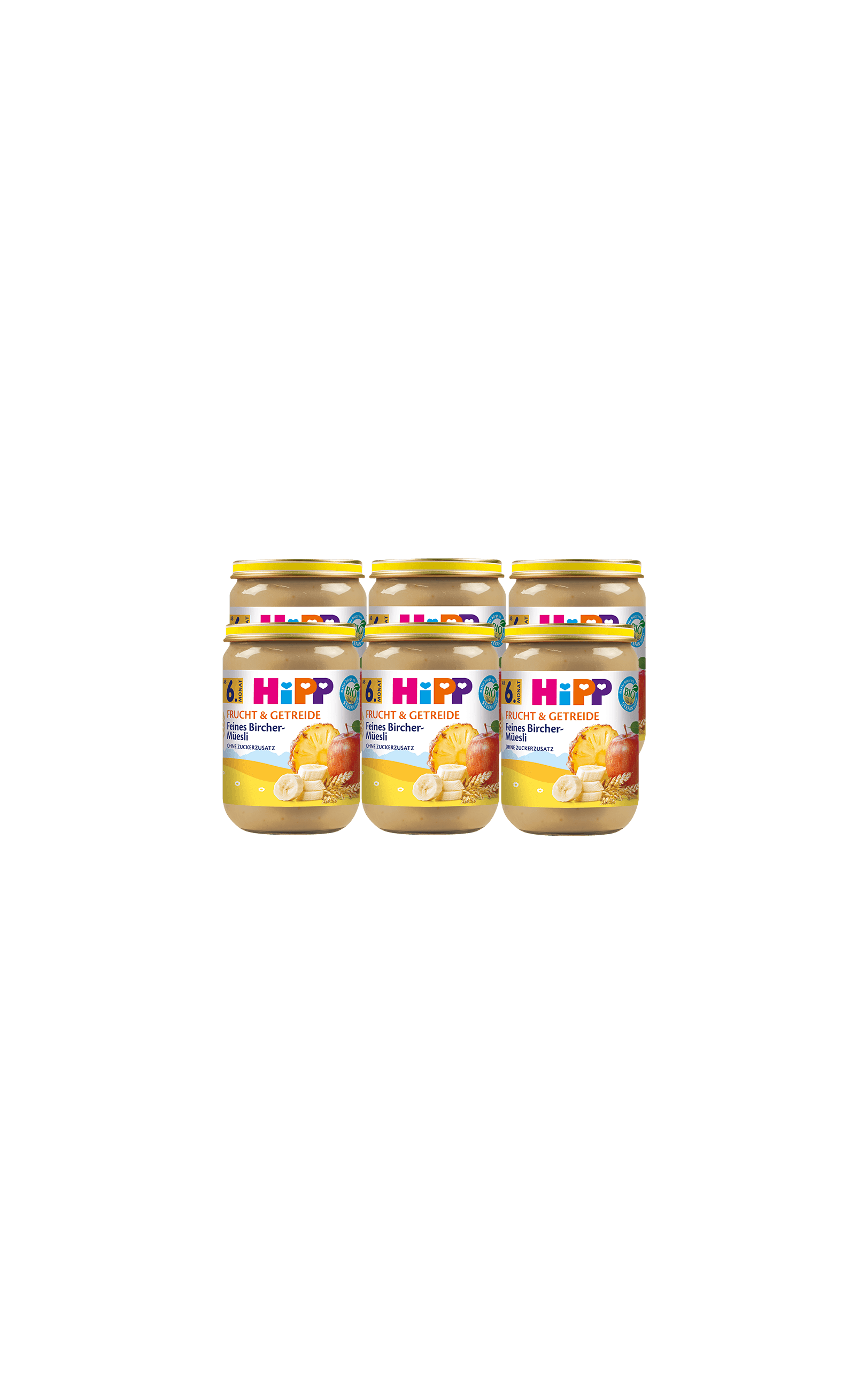 Sechserpack HiPP Frucht & Getreide Feines Bircher-Müsli im 190g-Glas für eine ausgewogene Babymahlzeit