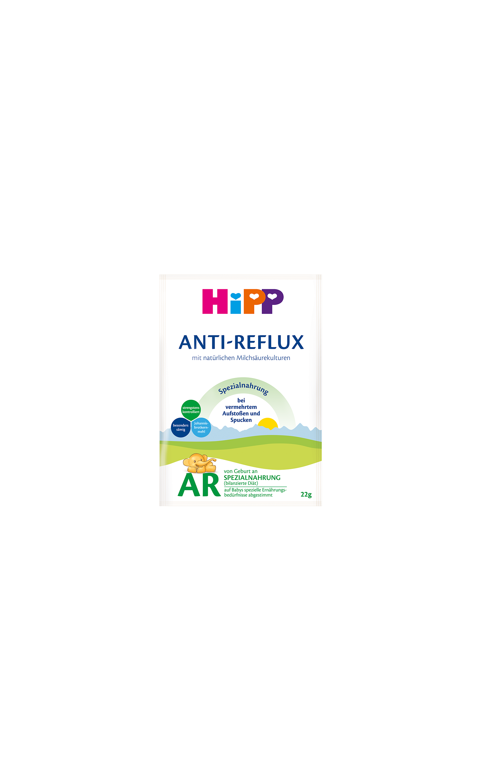 HiPP Anti-Reflux Spezialnahrung im weiß-grünen Portionsbeutel, 22 g, von Geburt an.