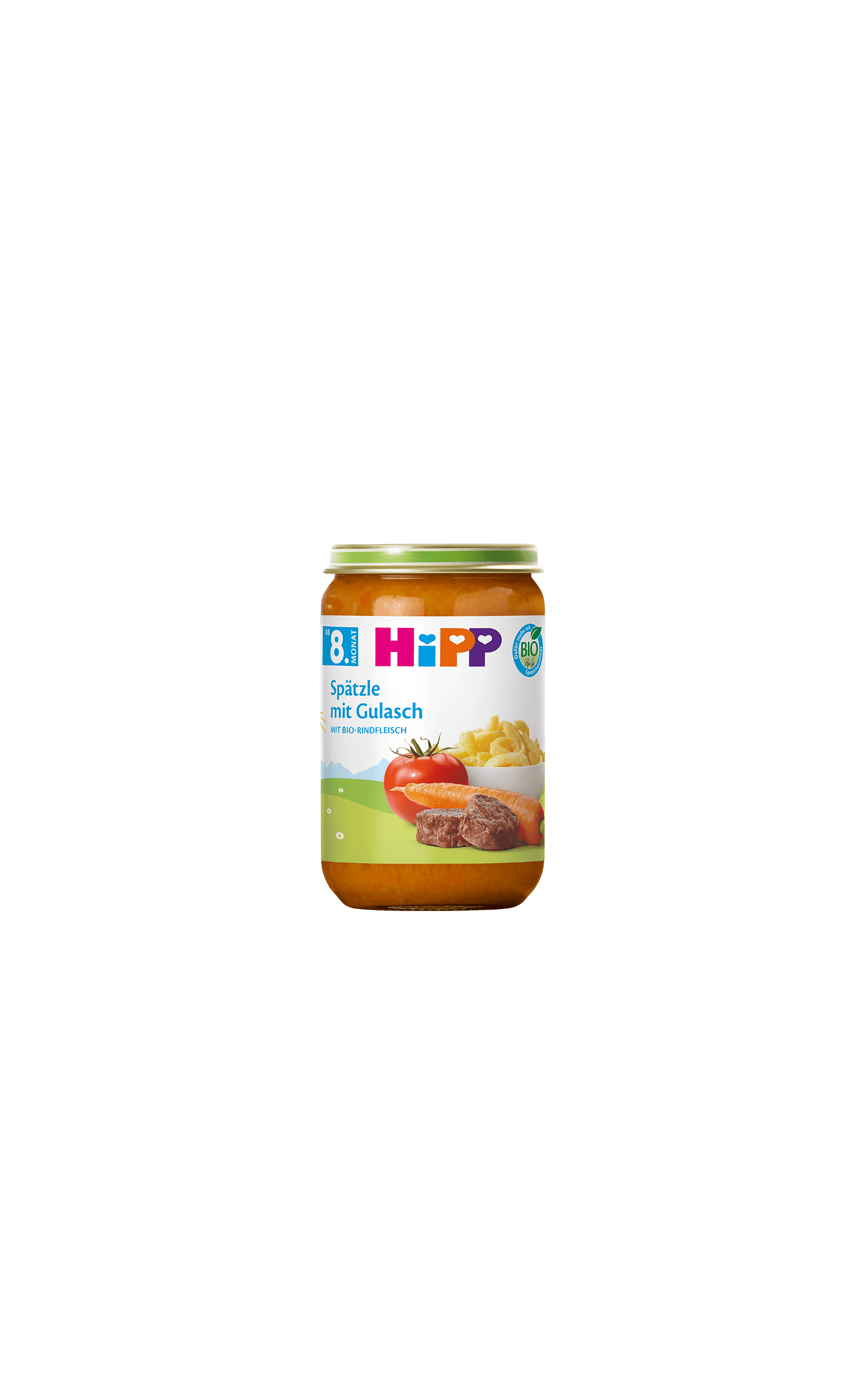 HiPP Bio Babygläschen „Spätzle mit Gulasch“ ab 8. Monat, Glas mit Menüabbildung aus Spätzle, Rindfleisch, Tomate und Karotte