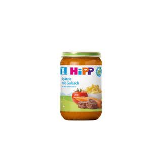 HiPP Bio Babygläschen „Spätzle mit Gulasch“ ab 8. Monat, Glas mit Menüabbildung aus Spätzle, Rindfleisch, Tomate und Karotte