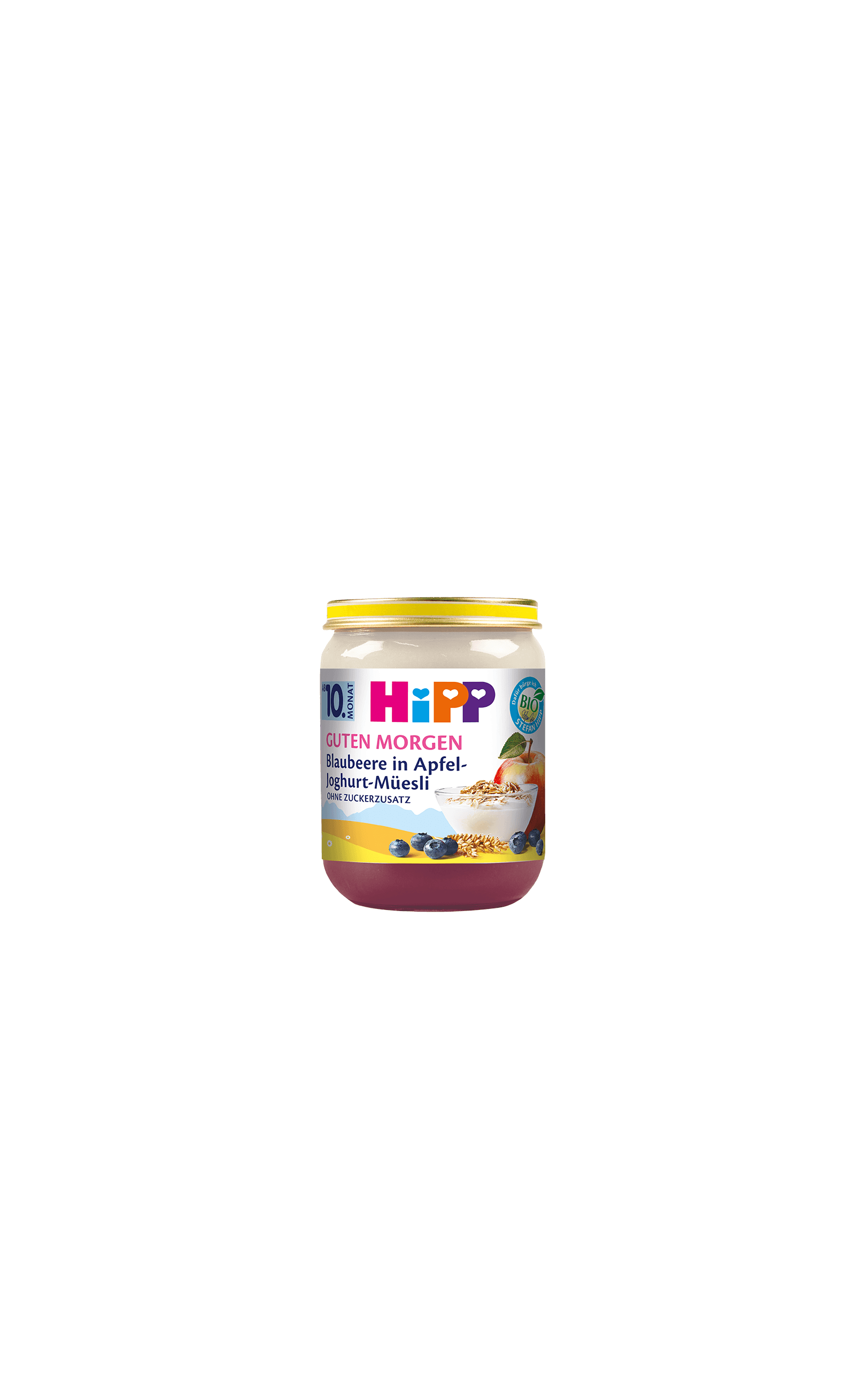 HiPP Guten Morgen Blaubeere in Apfel-Joghurt-Müesli Bio-Babygläschen mit Blaubeeren, Apfel, Getreide und Joghurt auf dem Etikett