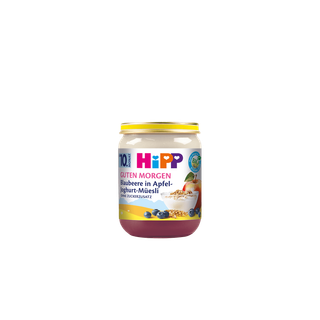 HiPP Guten Morgen Blaubeere in Apfel-Joghurt-Müesli Bio-Babygläschen mit Blaubeeren, Apfel, Getreide und Joghurt auf dem Etikett
