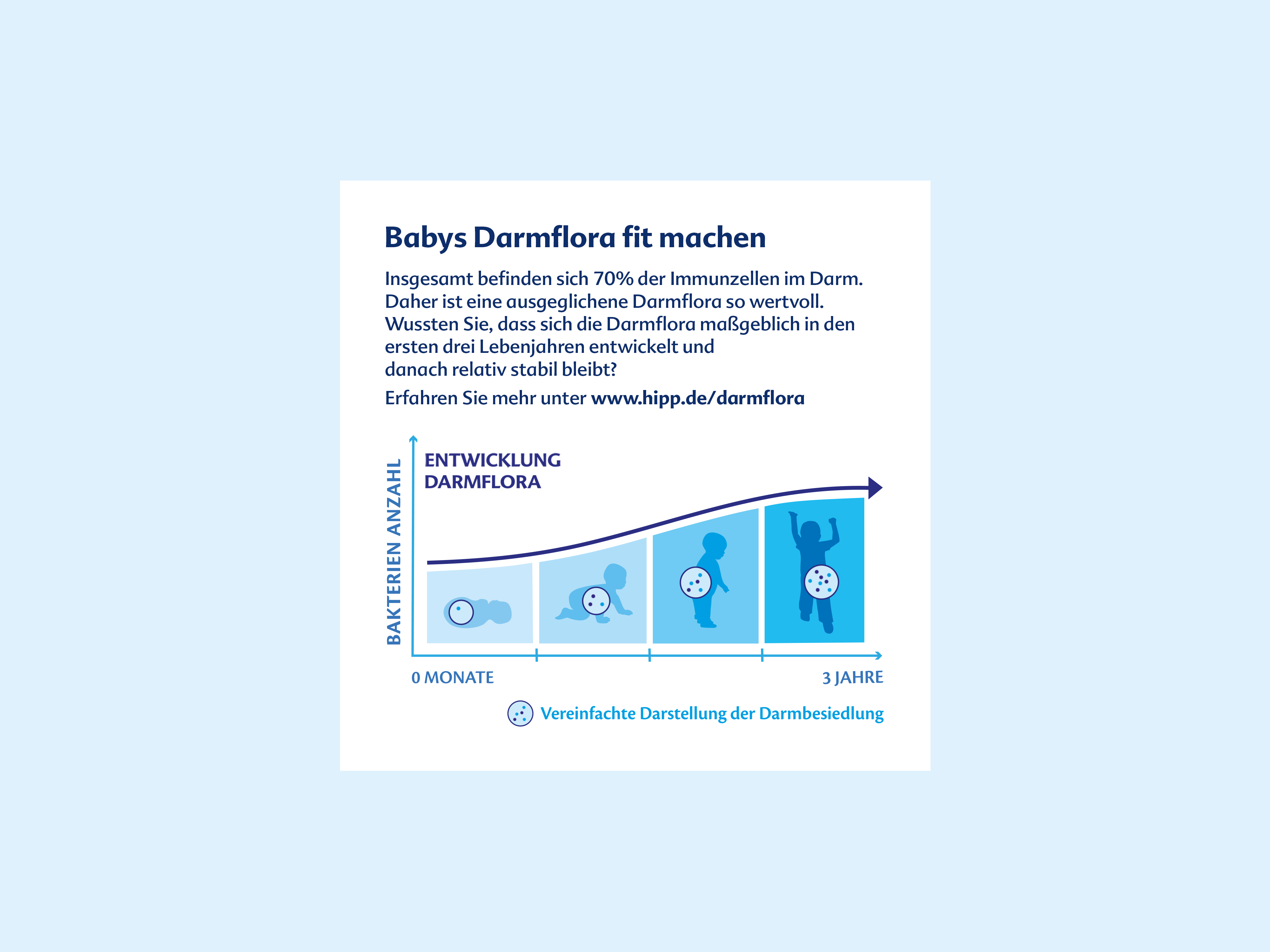 Diagramm zur Entwicklung der Darmflora bei Babys über drei Jahre mit steigender Bakterienanzahl und vereinfachten Darstellungen von Babys in verschiedenen Wachstumsphasen