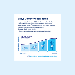 Diagramm zur Entwicklung der Darmflora bei Babys über drei Jahre mit steigender Bakterienanzahl und vereinfachten Darstellungen von Babys in verschiedenen Wachstumsphasen