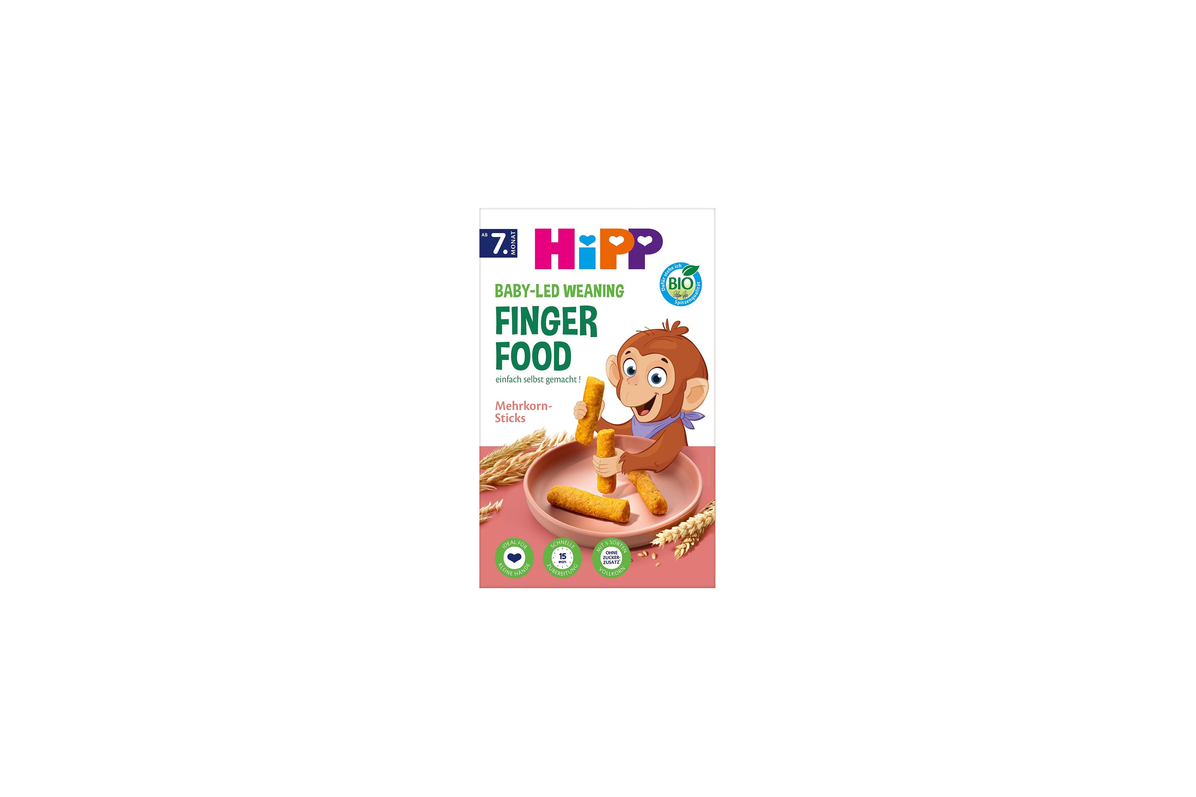 HiPP Baby-led Weaning Mehrkorn-Sticks ab dem 7. Monat mit Affenmotiv und angerichteten Fingerfood-Sticks