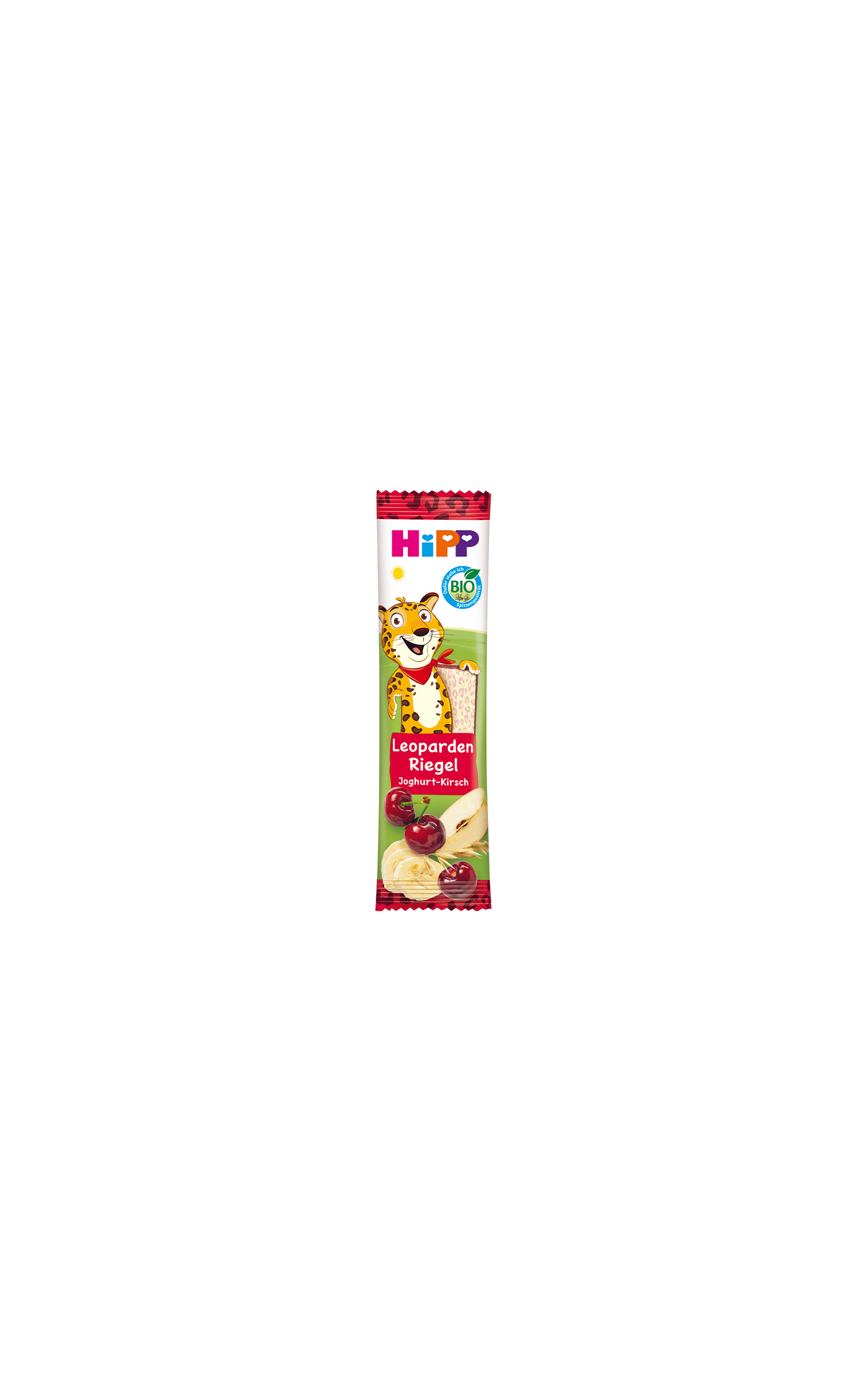 HiPP Leoparden Riegel Joghurt-Kirsch in bunter Kinderverpackung mit Leopard und Früchten auf weißem Hintergrund