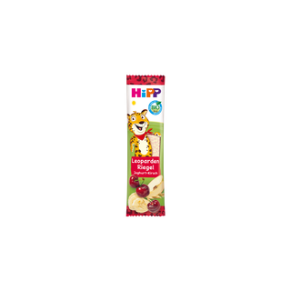 HiPP Leoparden Riegel Joghurt-Kirsch in bunter Kinderverpackung mit Leopard und Früchten auf weißem Hintergrund