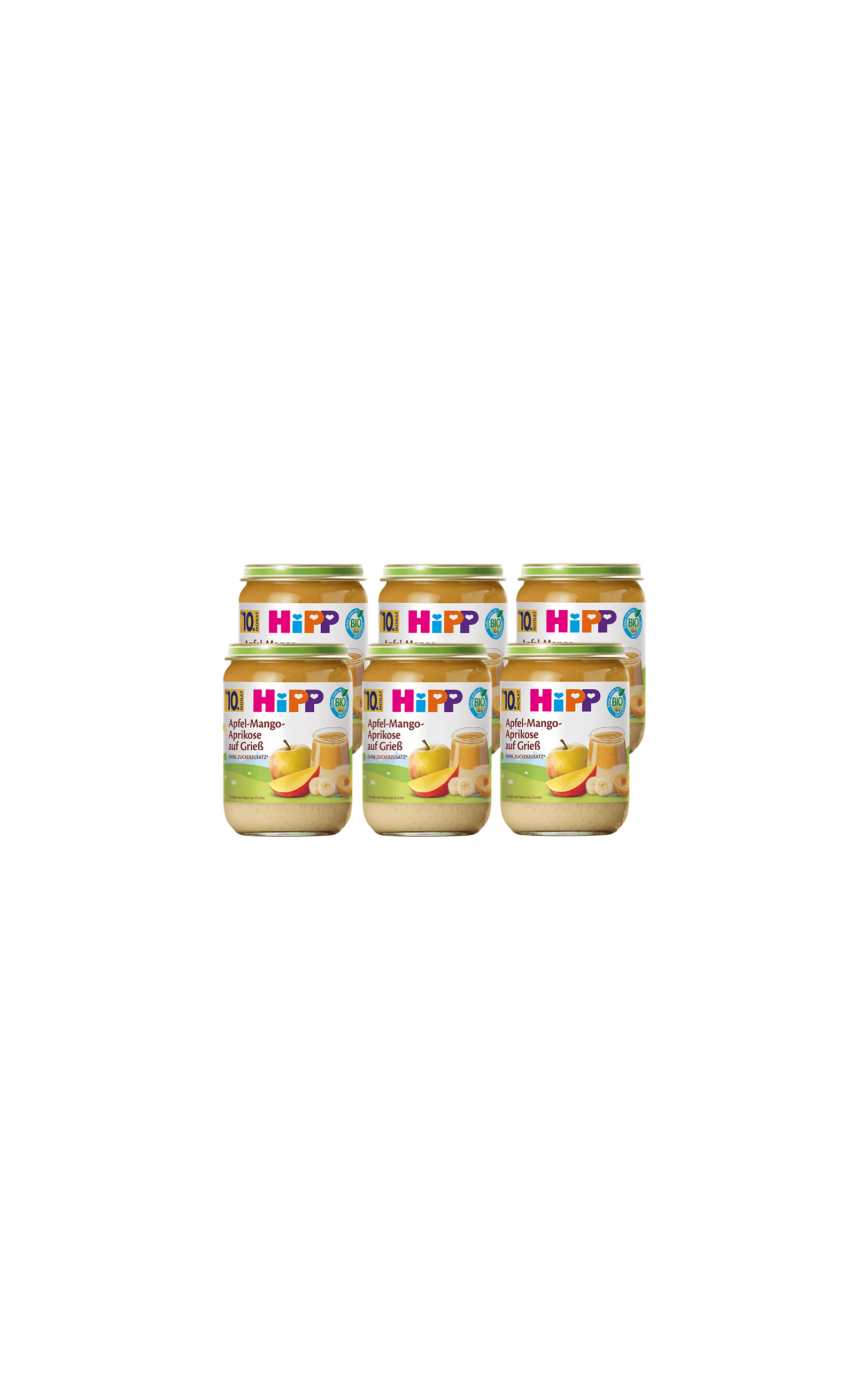 Sechserpack HiPP Bio Babygläschen Apfel-Mango-Aprikose auf Grieß, 6×190g, vor schwarzem Hintergrund angeordnet
