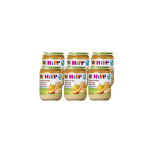 Sechserpack HiPP Bio Babygläschen Apfel-Mango-Aprikose auf Grieß, 6×190g, vor schwarzem Hintergrund angeordnet