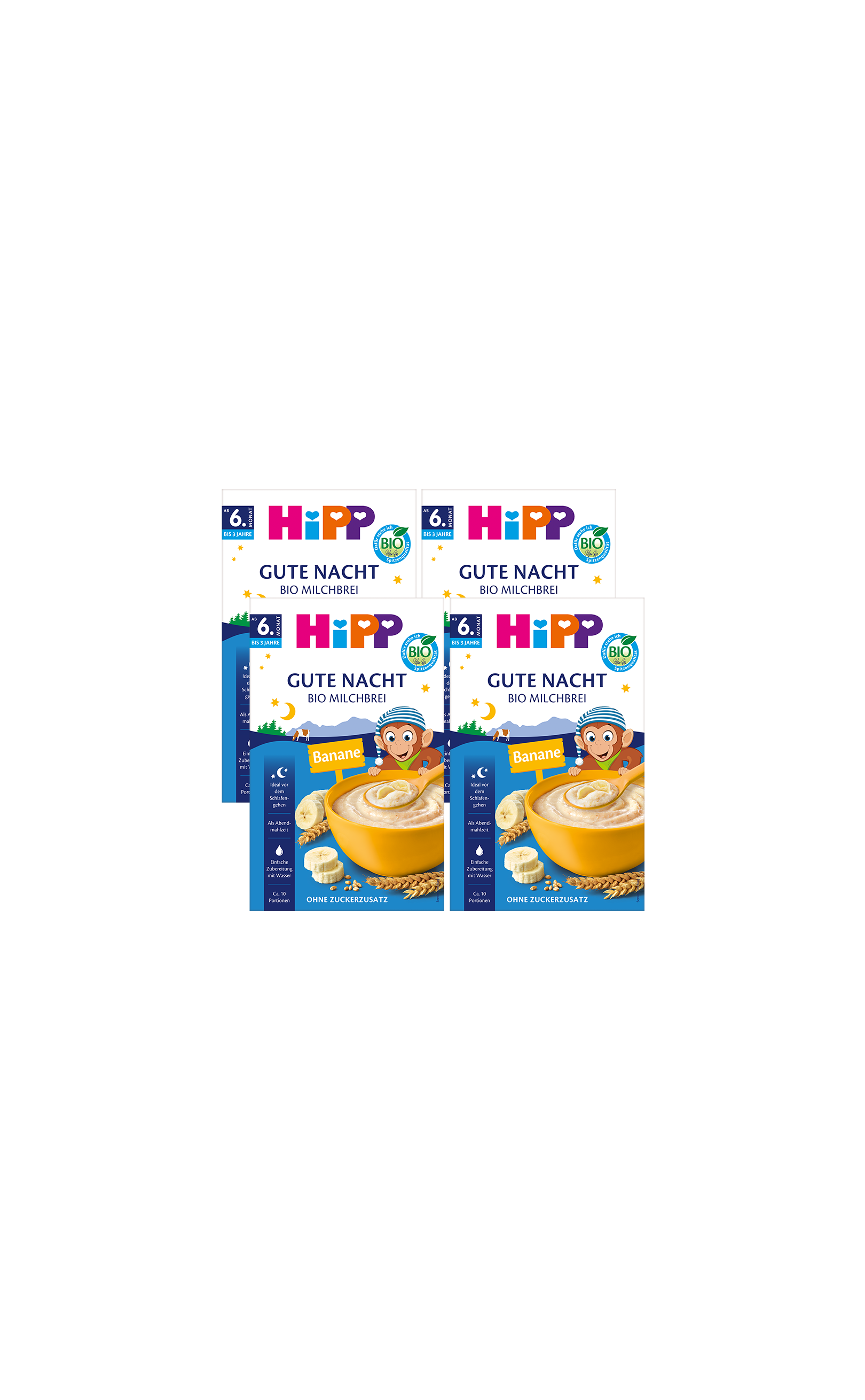 4er-Pack HiPP Gute Nacht Bio-Milchbrei Banane, ab 6 Monaten, auf schwarzem Hintergrund angeordnet