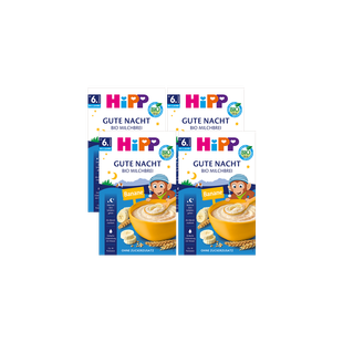 4er-Pack HiPP Gute Nacht Bio-Milchbrei Banane, ab 6 Monaten, auf schwarzem Hintergrund angeordnet