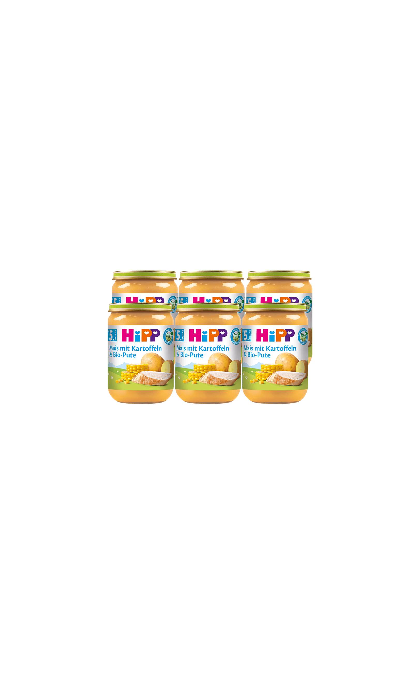 6er-Pack HiPP Bio-Babygläschen Mais mit Kartoffeln & Bio-Pute, 6×190g, auf schwarzem Hintergrund angeordnet