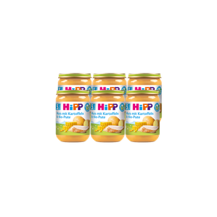 6er-Pack HiPP Bio-Babygläschen Mais mit Kartoffeln & Bio-Pute, 6×190g, auf schwarzem Hintergrund angeordnet