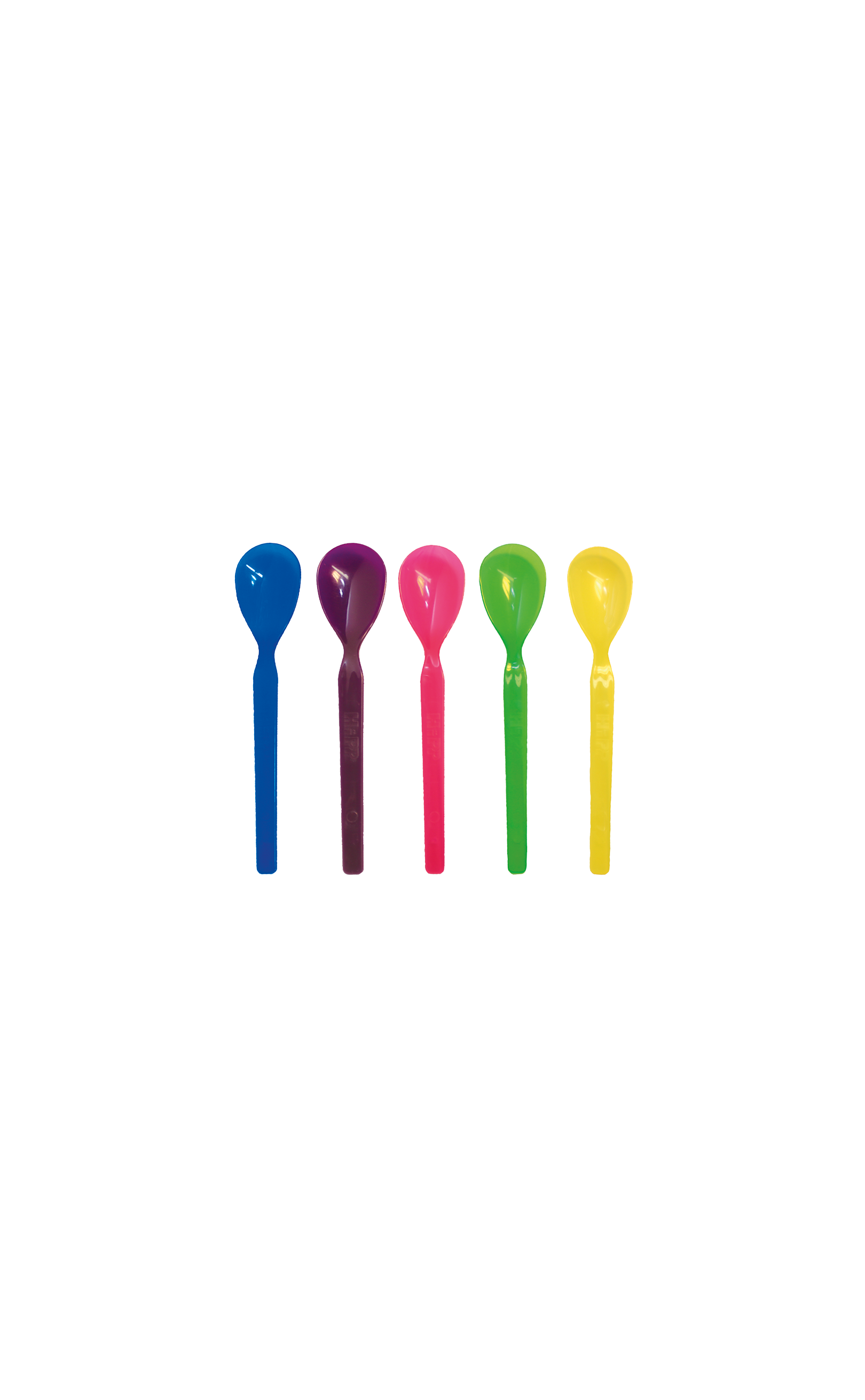 Fünf bunte Breilöffel in Blau, Lila, Pink, Grün und Gelb nebeneinander
