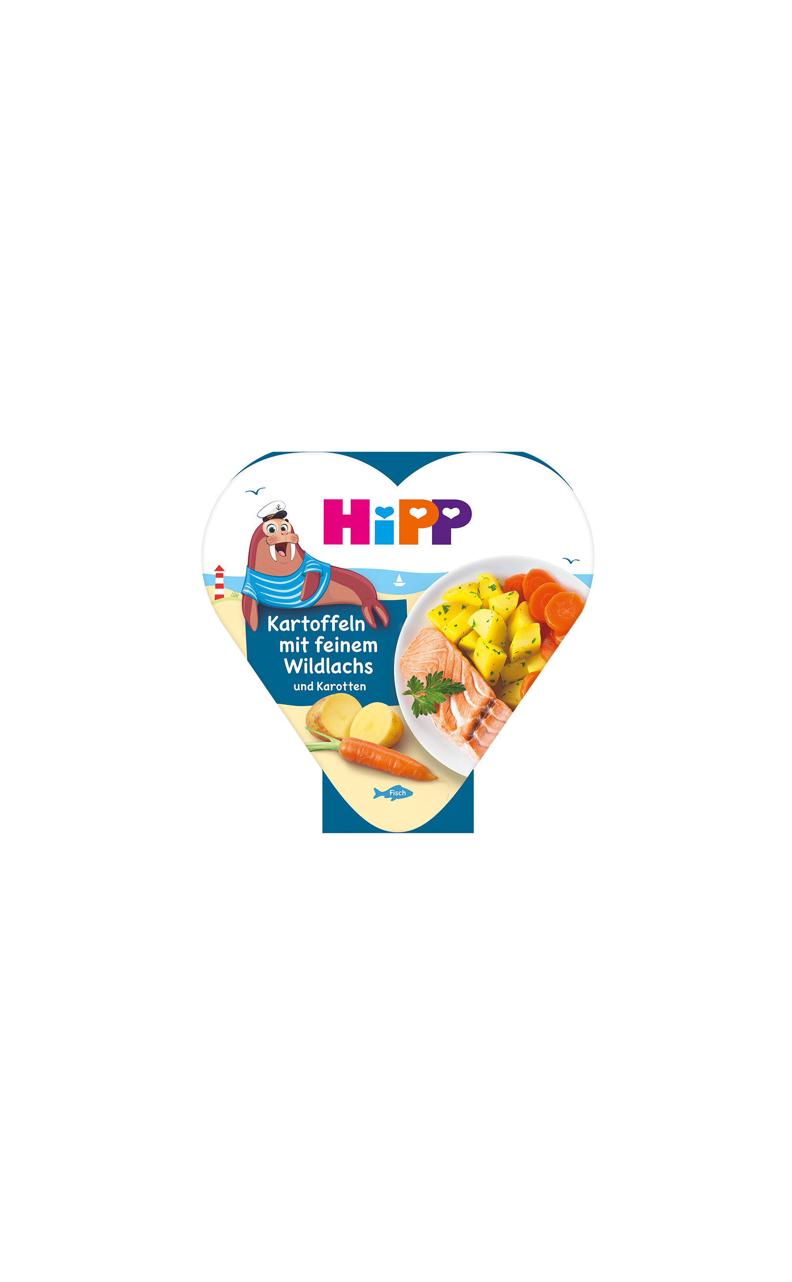 HiPP Bio Babymahlzeit „Kartoffeln mit feinem Wildlachs und Karotten“ in Herzchen-Schale mit Serviervorschlag auf der Verpackung