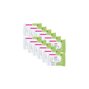 12er Vorratspackung HiPP plastikfreier Gesicht- und Hände-Feuchttücher, grüne und weiße Beutel in Reihe angeordnet
