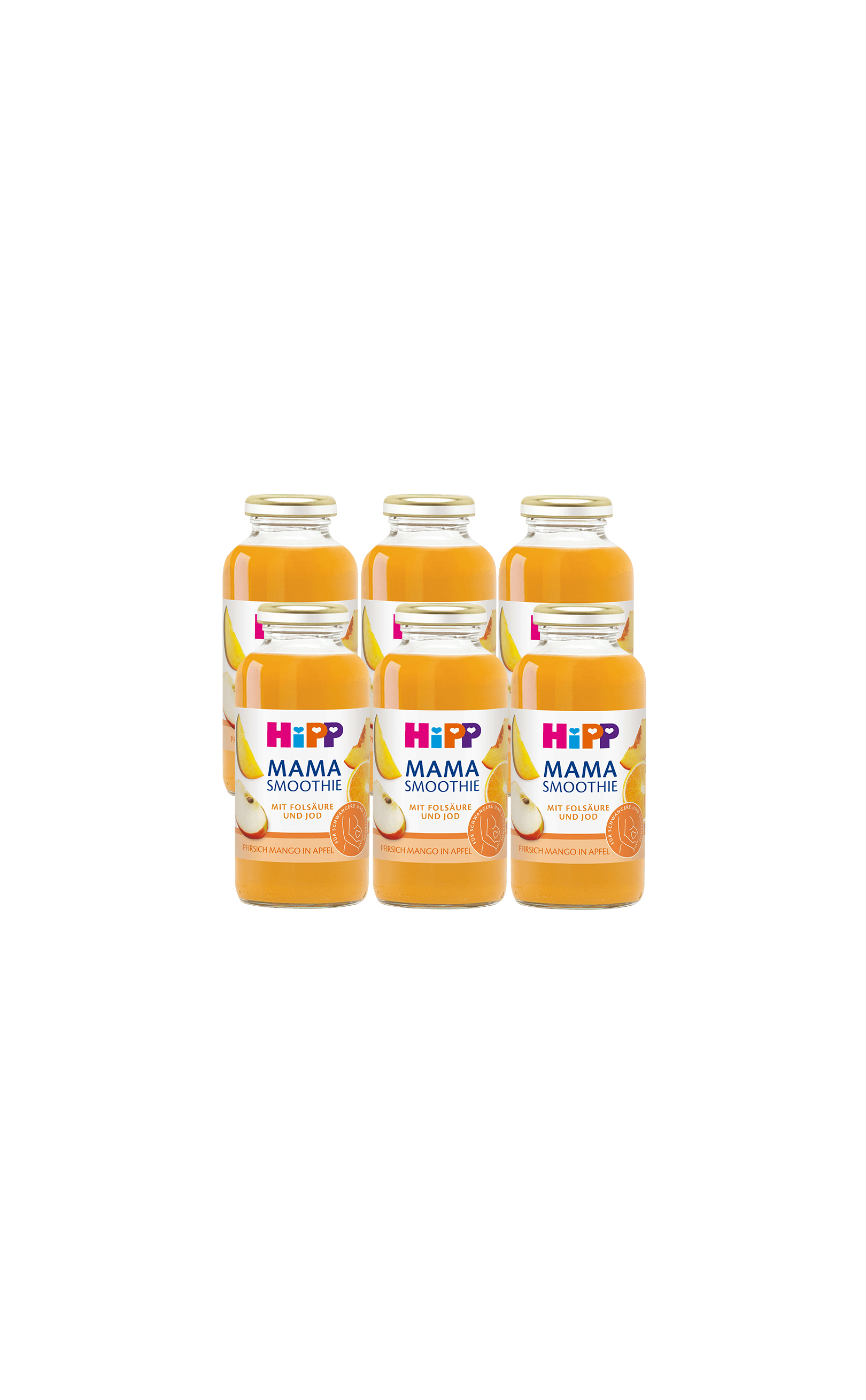 Sechserpack HiPP Mama Smoothie Pfirsich-Mango in Apfel in 200-ml-Glasflaschen auf schwarzem Hintergrund