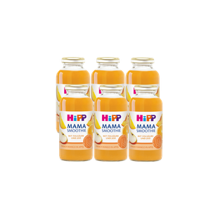Sechserpack HiPP Mama Smoothie Pfirsich-Mango in Apfel in 200-ml-Glasflaschen auf schwarzem Hintergrund