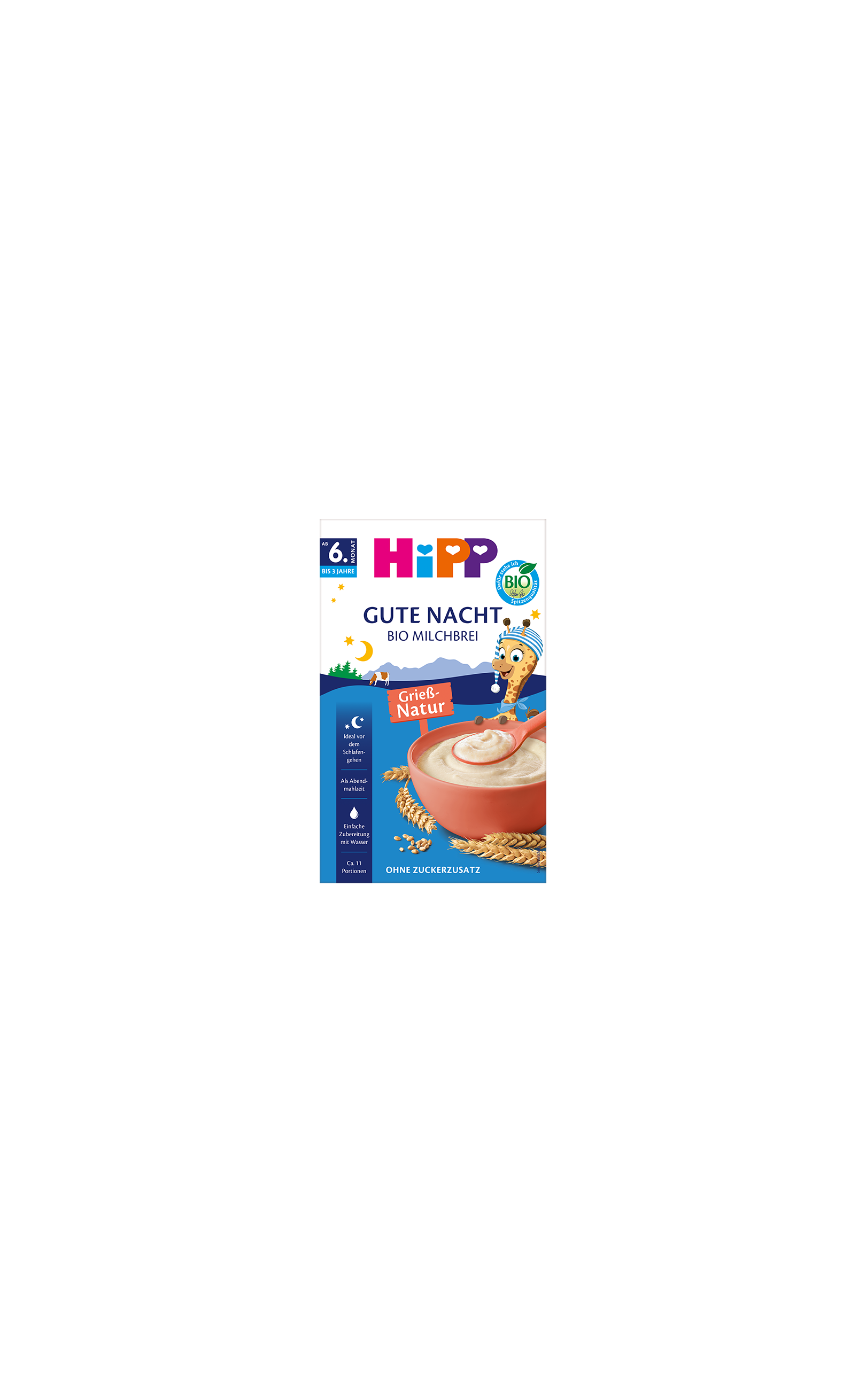 HiPP Gute Nacht Bio Milchbrei Grieß-Natur Packung mit Schüssel Grießbrei, ab 6. Monat, ohne Zuckerzusatz