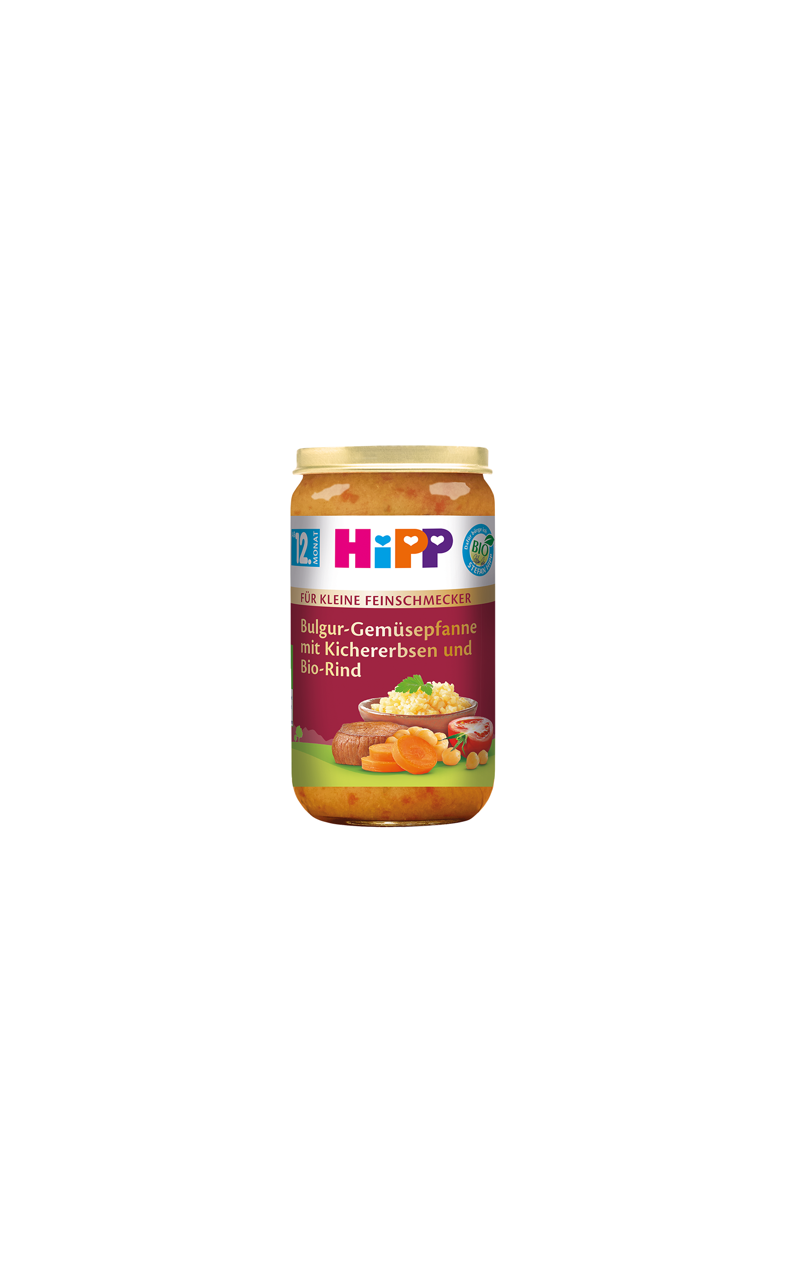 HiPP Glas Bulgur-Gemüsepfanne mit Kichererbsen und Bio-Rind für Babys ab 12 Monaten vor schwarzem Hintergrund