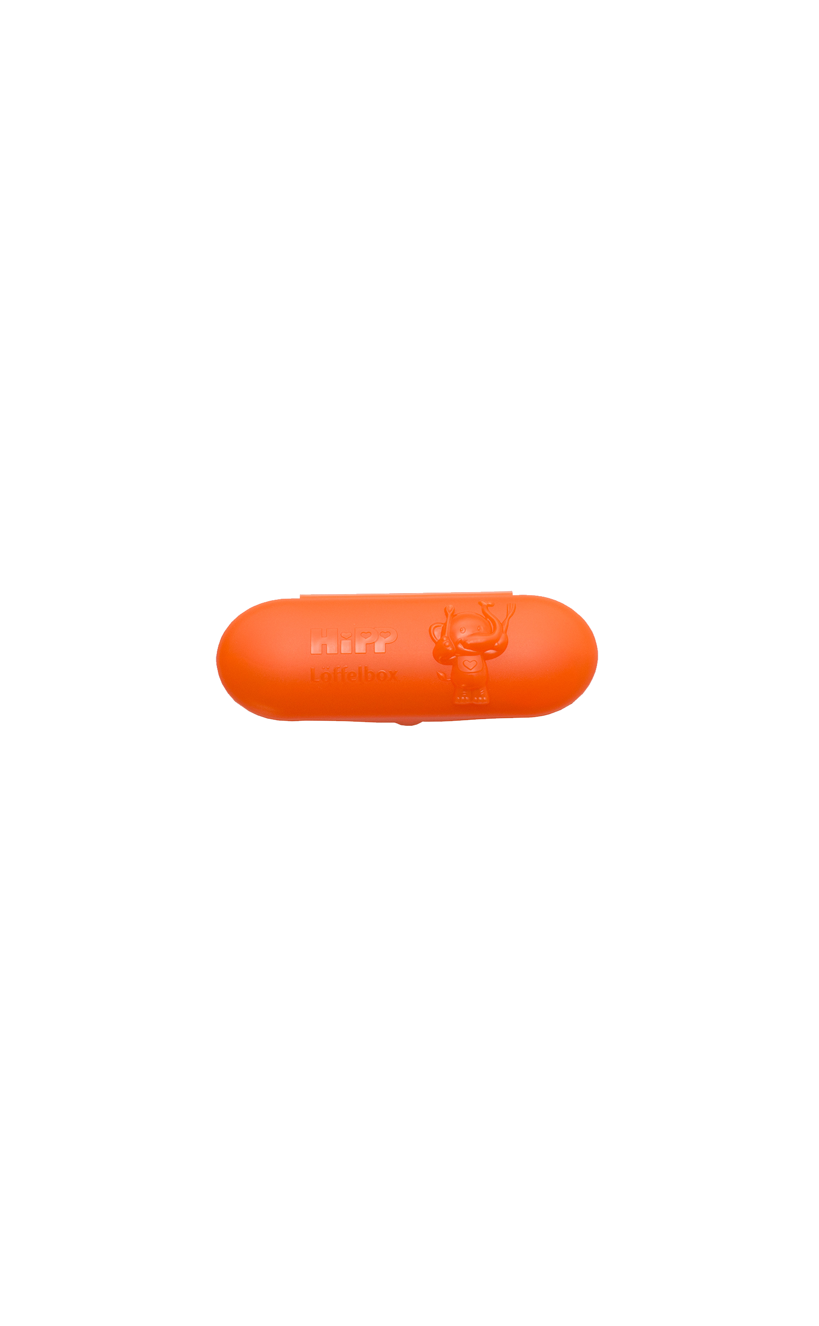 Orange HiPP Löffelbox für einen Babylöffel, kompakte Aufbewahrungsbox für unterwegs vor schwarzem Hintergrund
