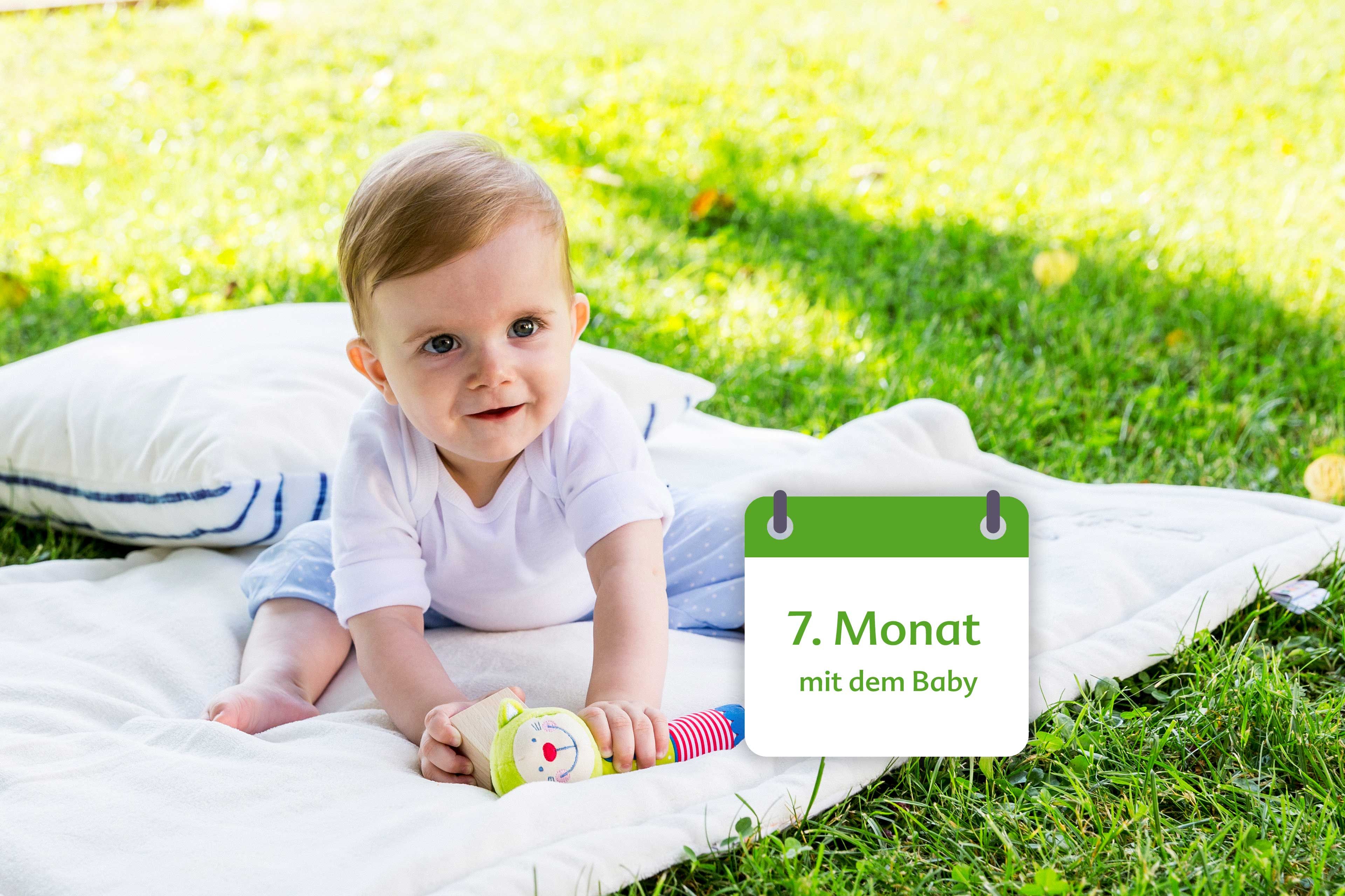 Ein Baby im Alter von 7 Monaten, das mit einem bunten Spielzeug auf einer Decke im Freien spielt.