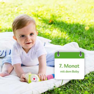 Ein Baby im Alter von 7 Monaten, das mit einem bunten Spielzeug auf einer Decke im Freien spielt.