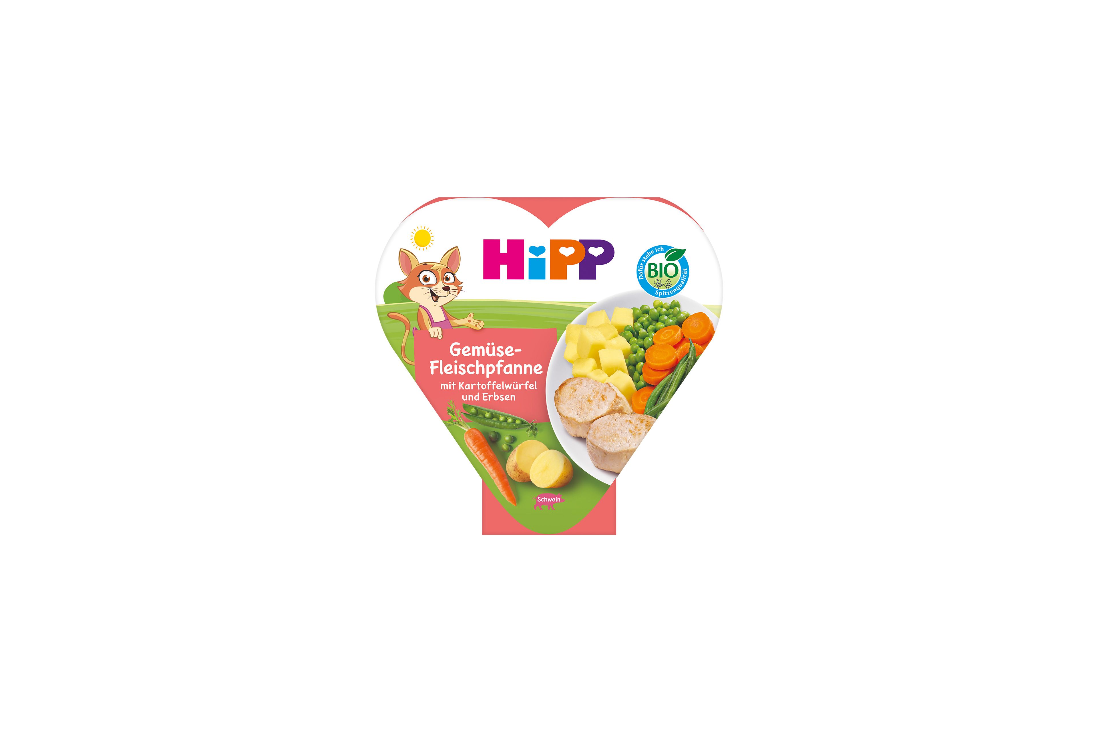 HiPP Bio Herzchen-Schale Gemüse-Fleischpfanne mit Kartoffelwürfeln und Erbsen in bunter Kinderverpackung