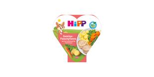 HiPP Bio Herzchen-Schale Gemüse-Fleischpfanne mit Kartoffelwürfeln und Erbsen in bunter Kinderverpackung