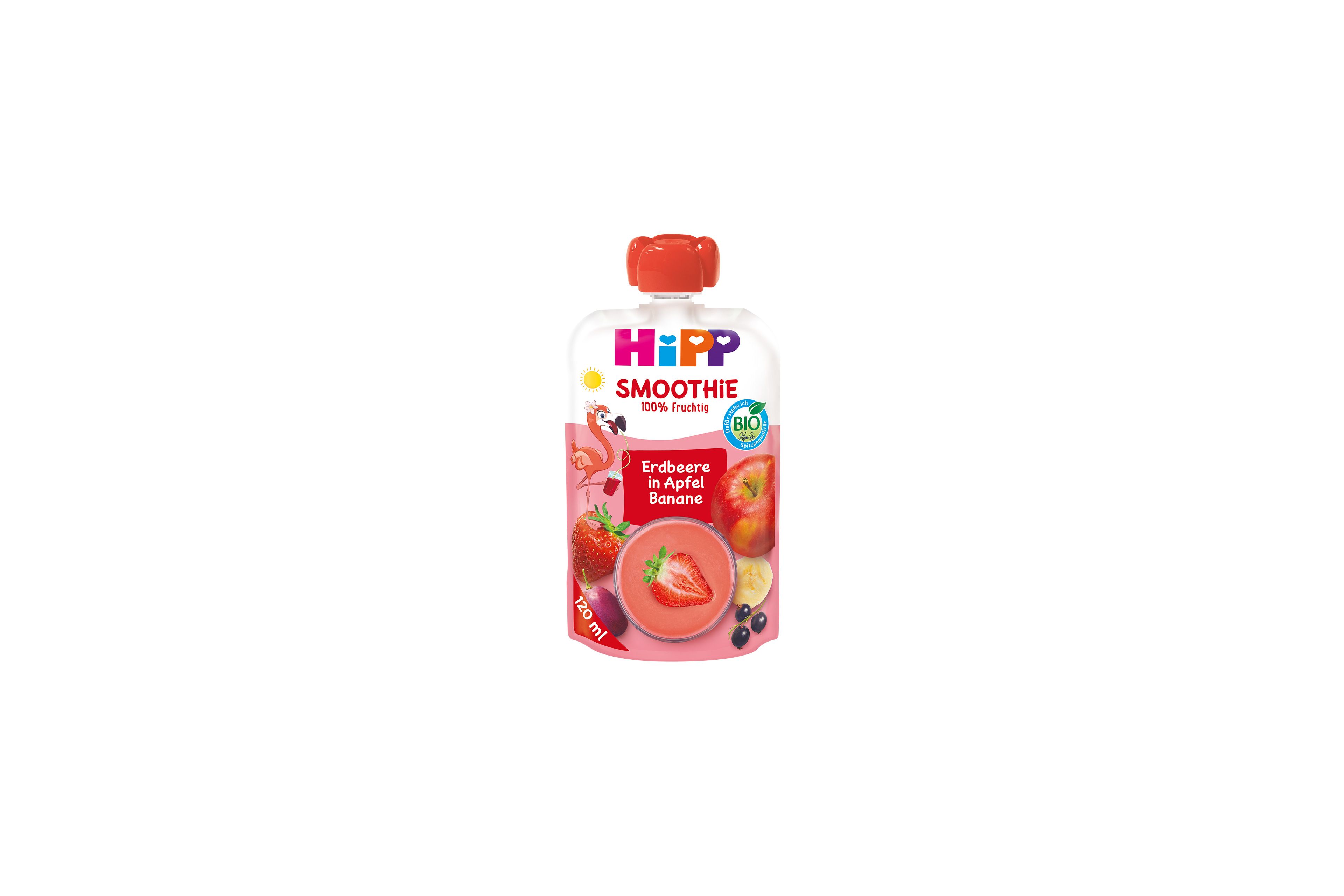 HiPP Bio Smoothie Quetschbeutel Erdbeere in Apfel-Banane, 120 ml, auf weißem Hintergrund