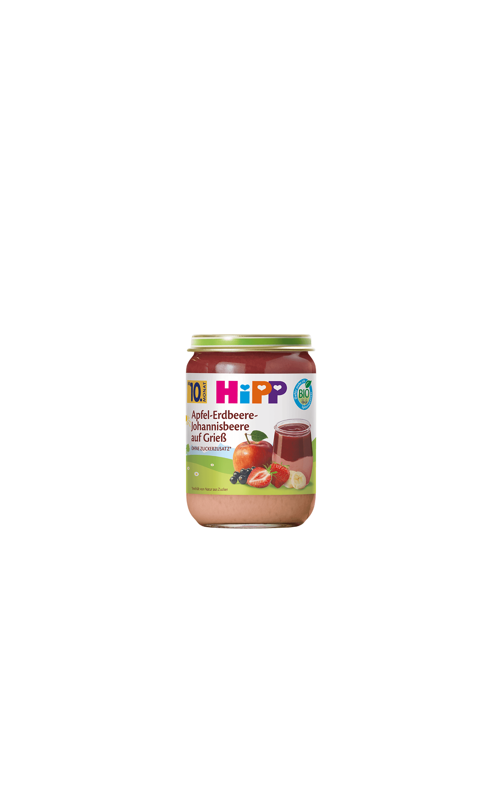 HiPP Bio-Gläschen Apfel-Erdbeere-Johannisbeere auf Grieß für Babys ab 10 Monaten, Produktglas vor weißem Hintergrund