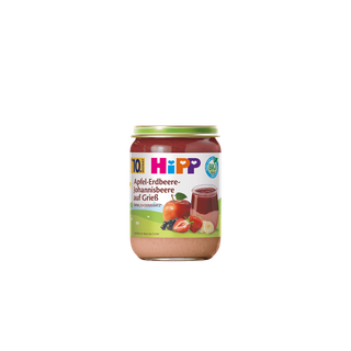 HiPP Bio-Gläschen Apfel-Erdbeere-Johannisbeere auf Grieß für Babys ab 10 Monaten, Produktglas vor weißem Hintergrund