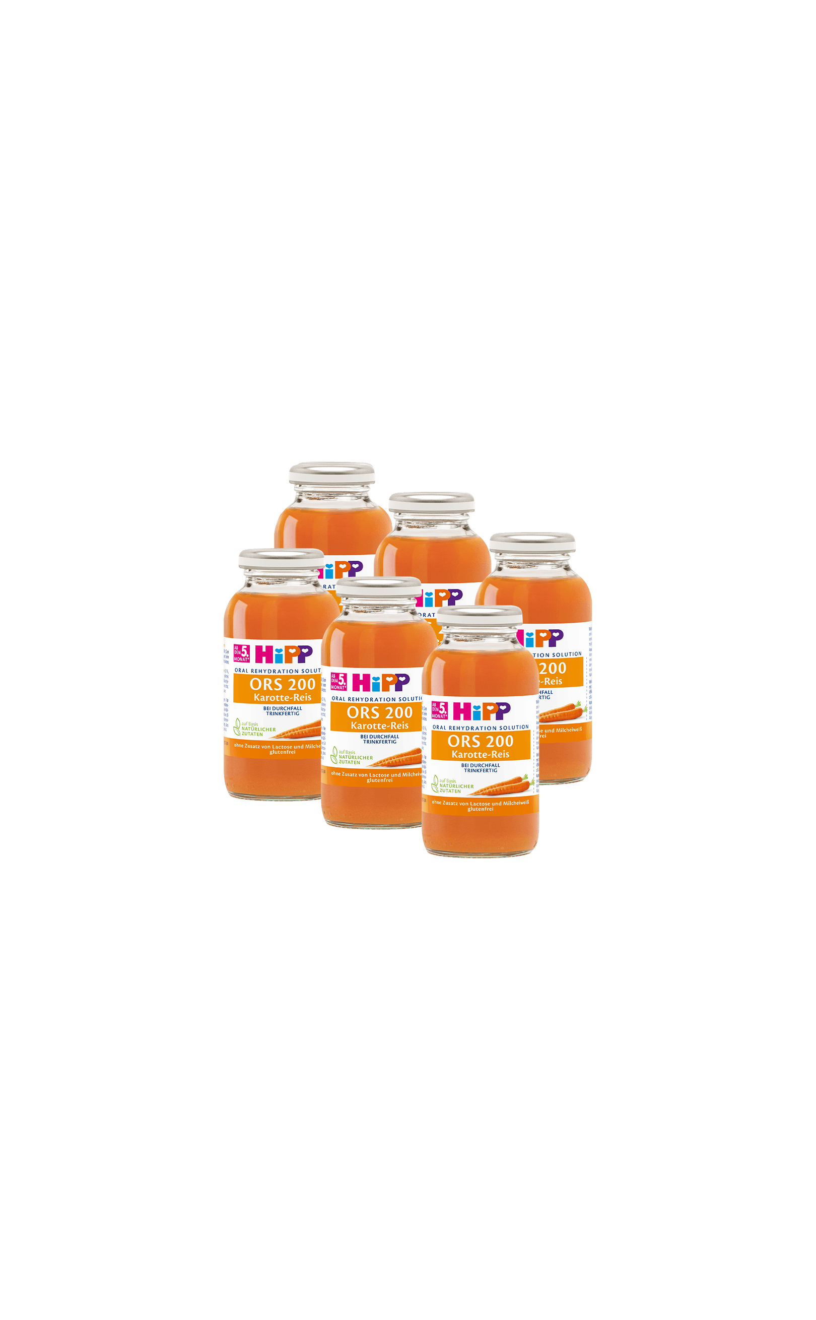 Sechserpack HiPP ORS 200 Karotte-Reis in 200-ml-Gläschen zur sanften oralen Rehydratation für Babys und Kleinkinder