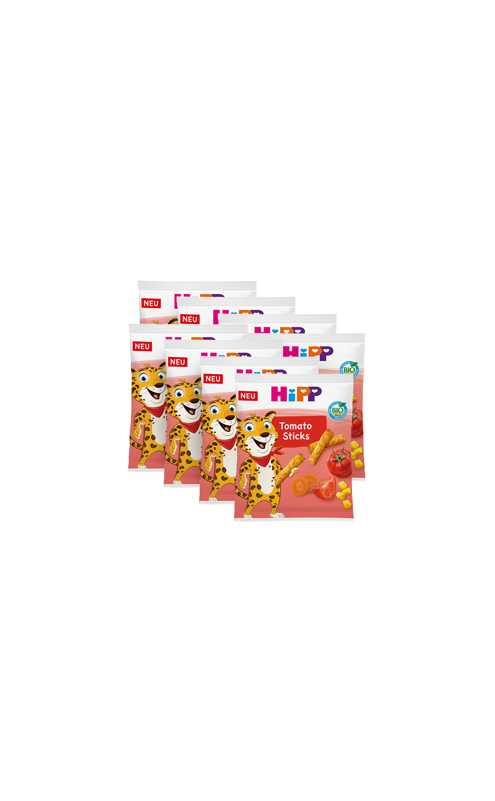 Acht Packungen HiPP Bio Tomato Sticks à 30 g mit Tomaten, Mais und fröhlichem Leopardenmotiv