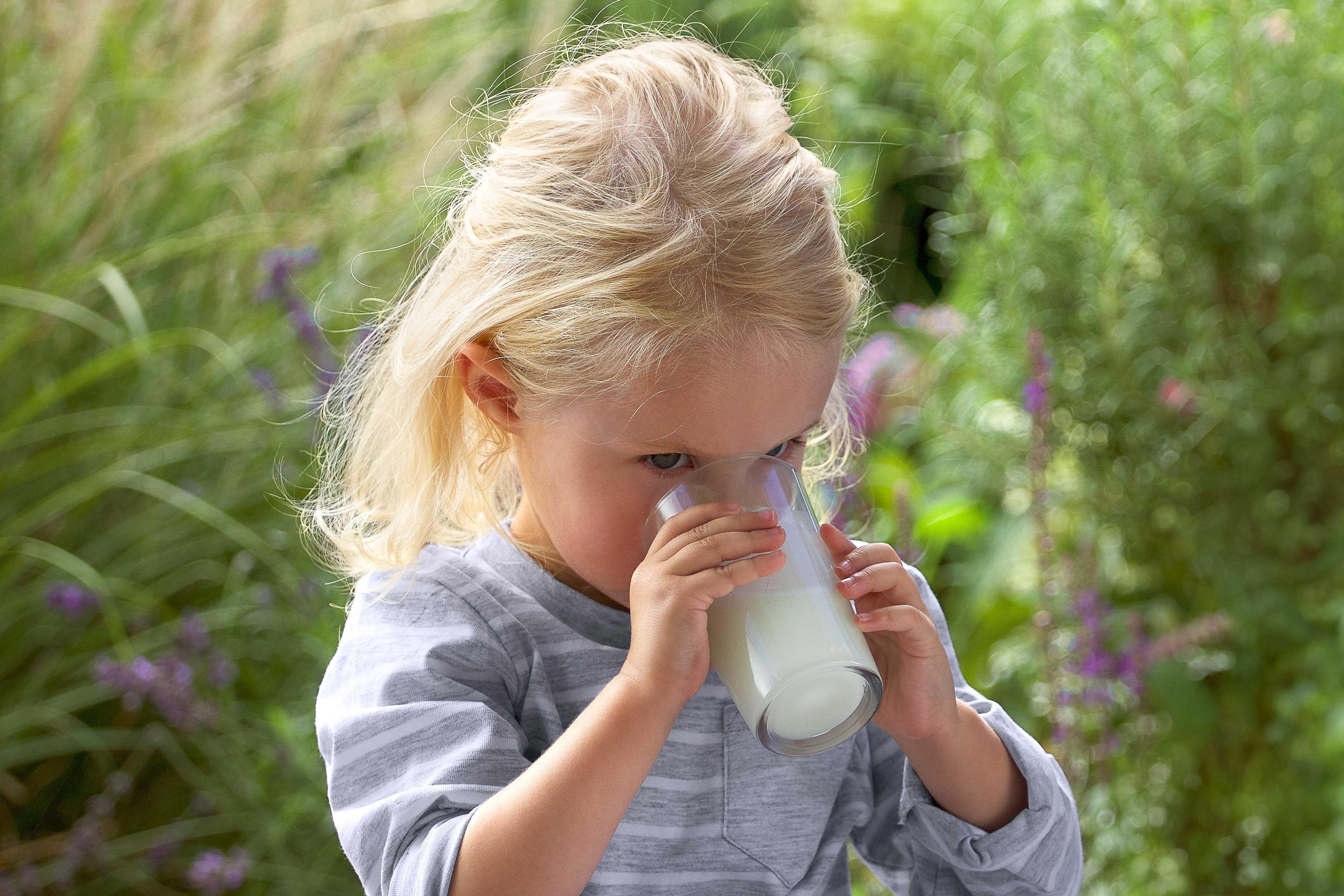 Kleines blondes Kind trinkt draußen ein Glas Milch, umgeben von grünem Garten im Hintergrund