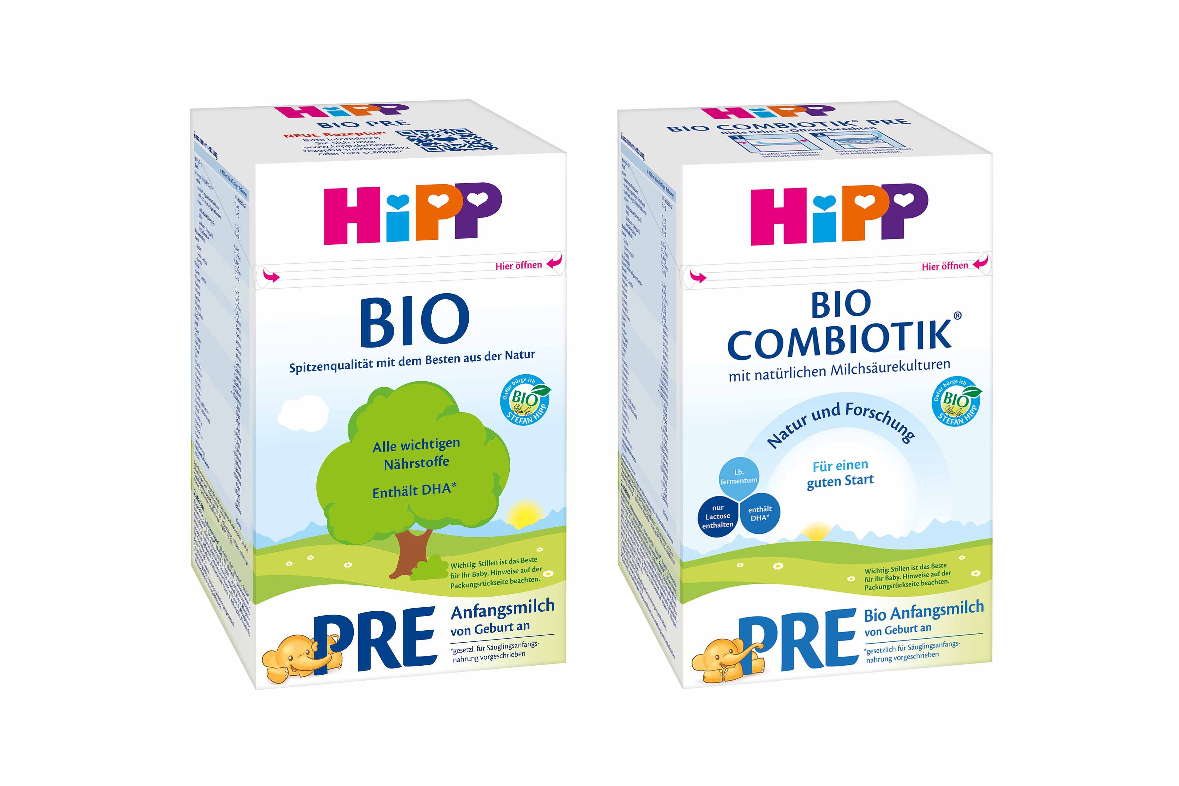 Zwei Kartons mit Babynahrung mit der Aufschrift "BIO" und "BIO COMBIOTIK" und Angaben zu den Inhaltsstoffen und Nährwerten.